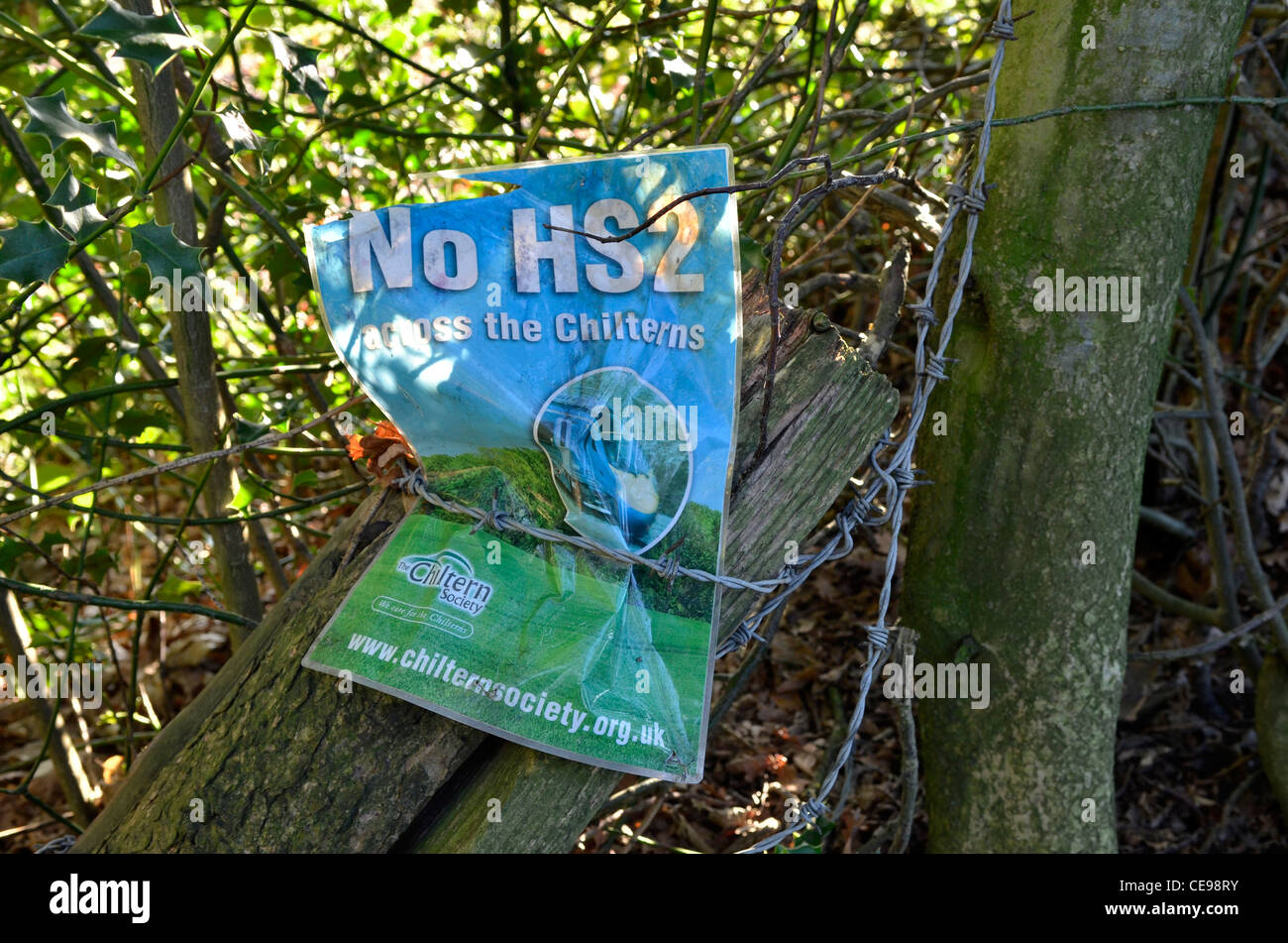 Protest gegen HS2 Schiene Vorschlag zeigt sich in Zeichen um die Chilterns in Buckinghamshire. Chiltern Gesellschaft Plakat Stockfoto