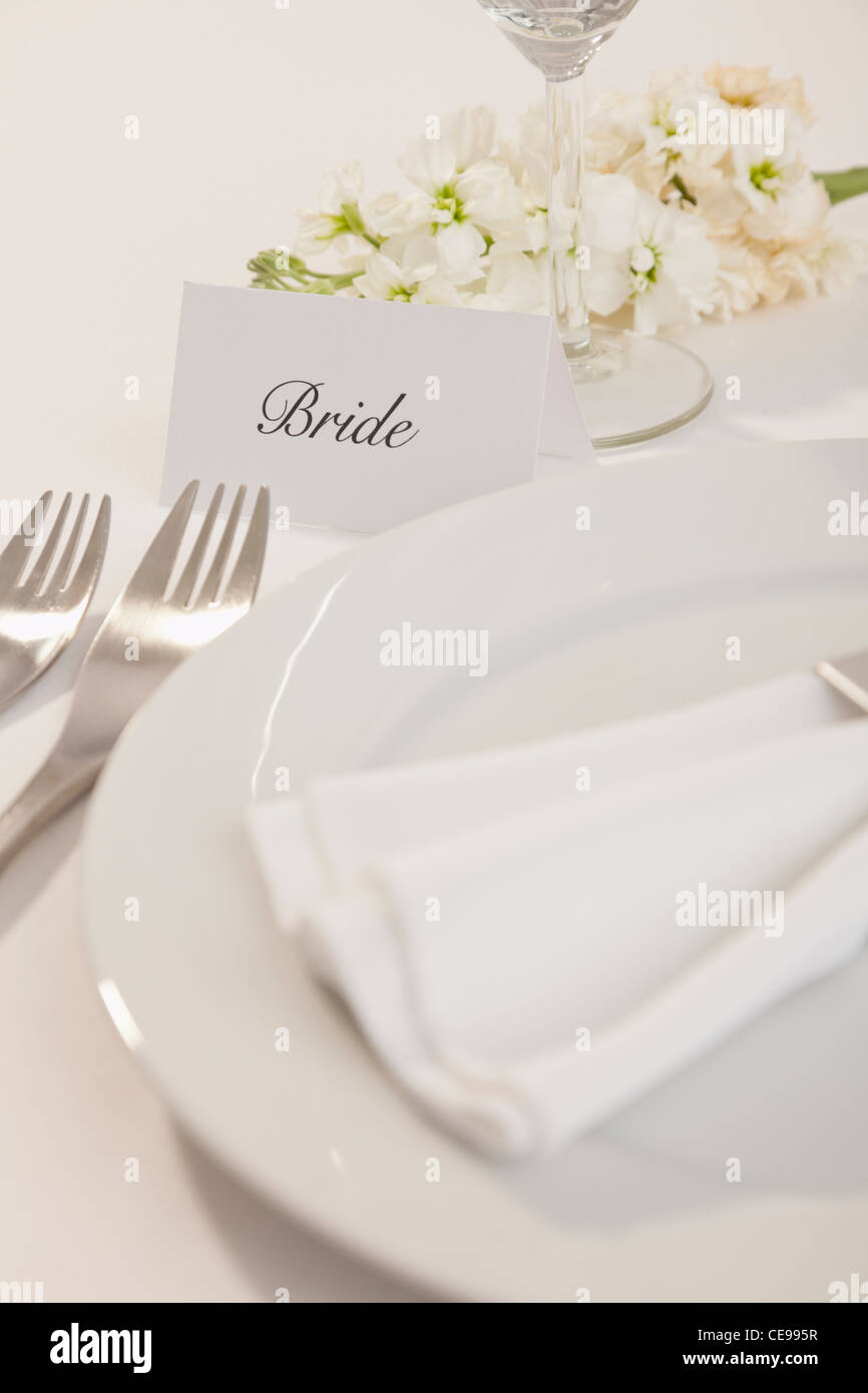 Nahaufnahme der Tischdekoration für Braut Stockfoto