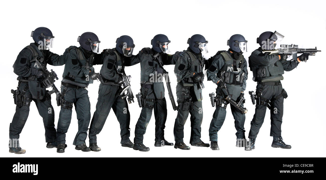 Polizei, SWAT-Team. Polizeiliche Spezialeinheit, Bekämpfung schwerer Kriminalität, Terrorismus, organisierte Kriminalität Geiselnehmer. Stockfoto