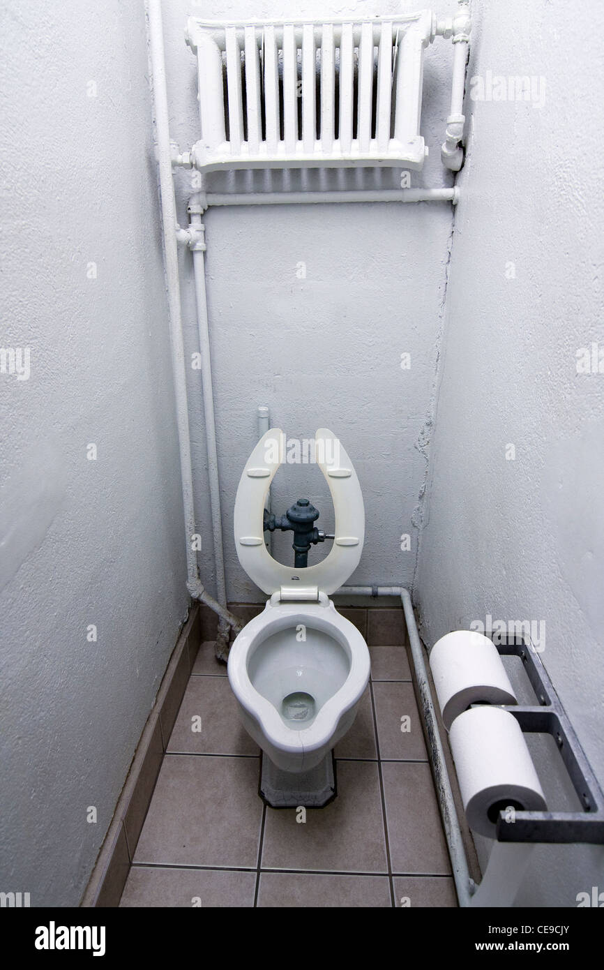 Weiße Porzellan WC mit Sitz angehoben und Heizkörper an Wand  Stockfotografie - Alamy
