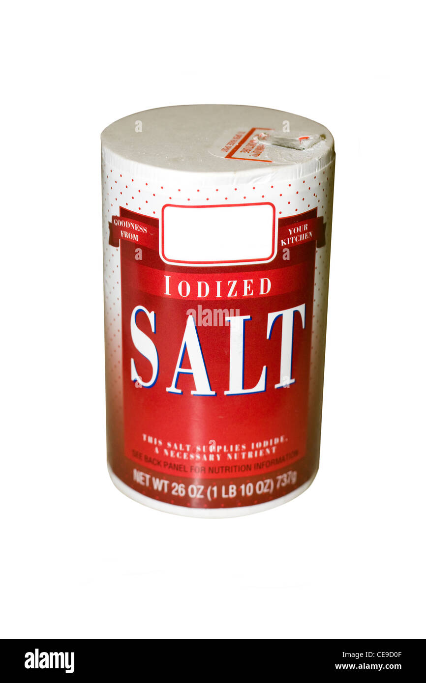 Schneiden Sie aus. Jodiertes Salz Container (1 lb 10 oz/739 Gramm) auf weißem Hintergrund Stockfoto