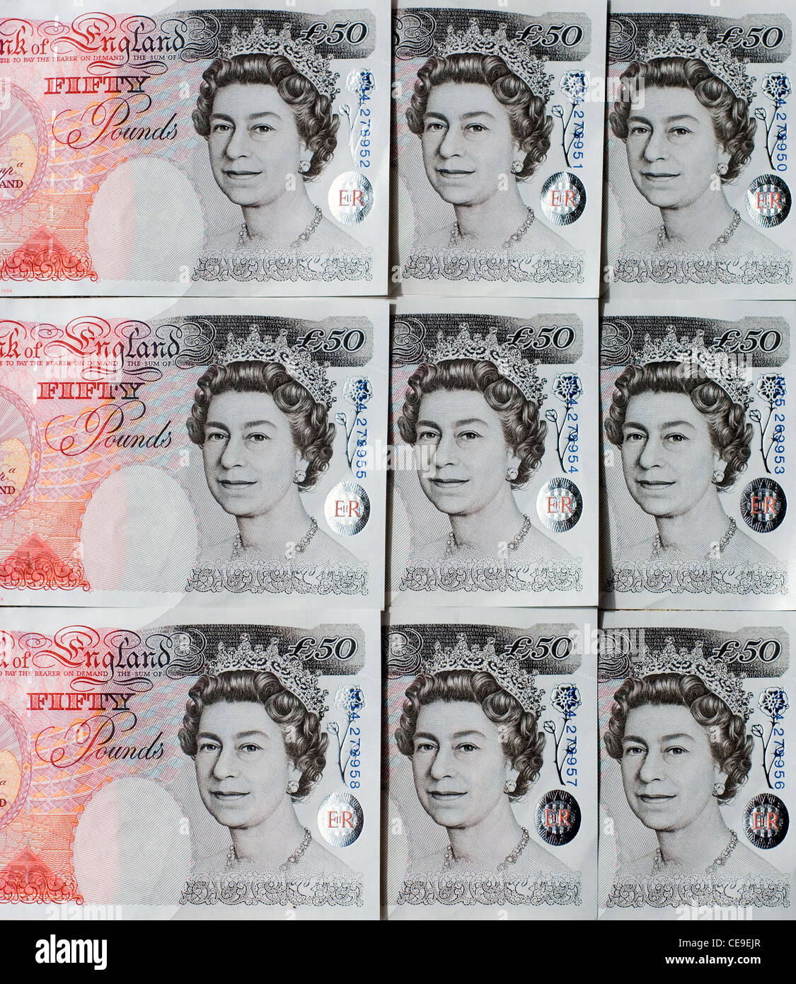 Britische Währung fünfzig Pfund-Noten, mit dem Porträt von Königin Elizabeth 11 Stockfoto