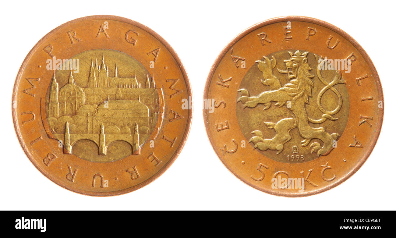 Tschechische Krone Münzen isoliert auf weißem Hintergrund Stockfoto