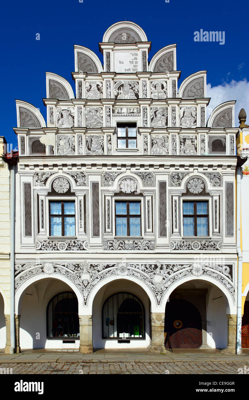 Fassade des Hauses in der Stadt Telc, Tschechische Republik Stockfoto