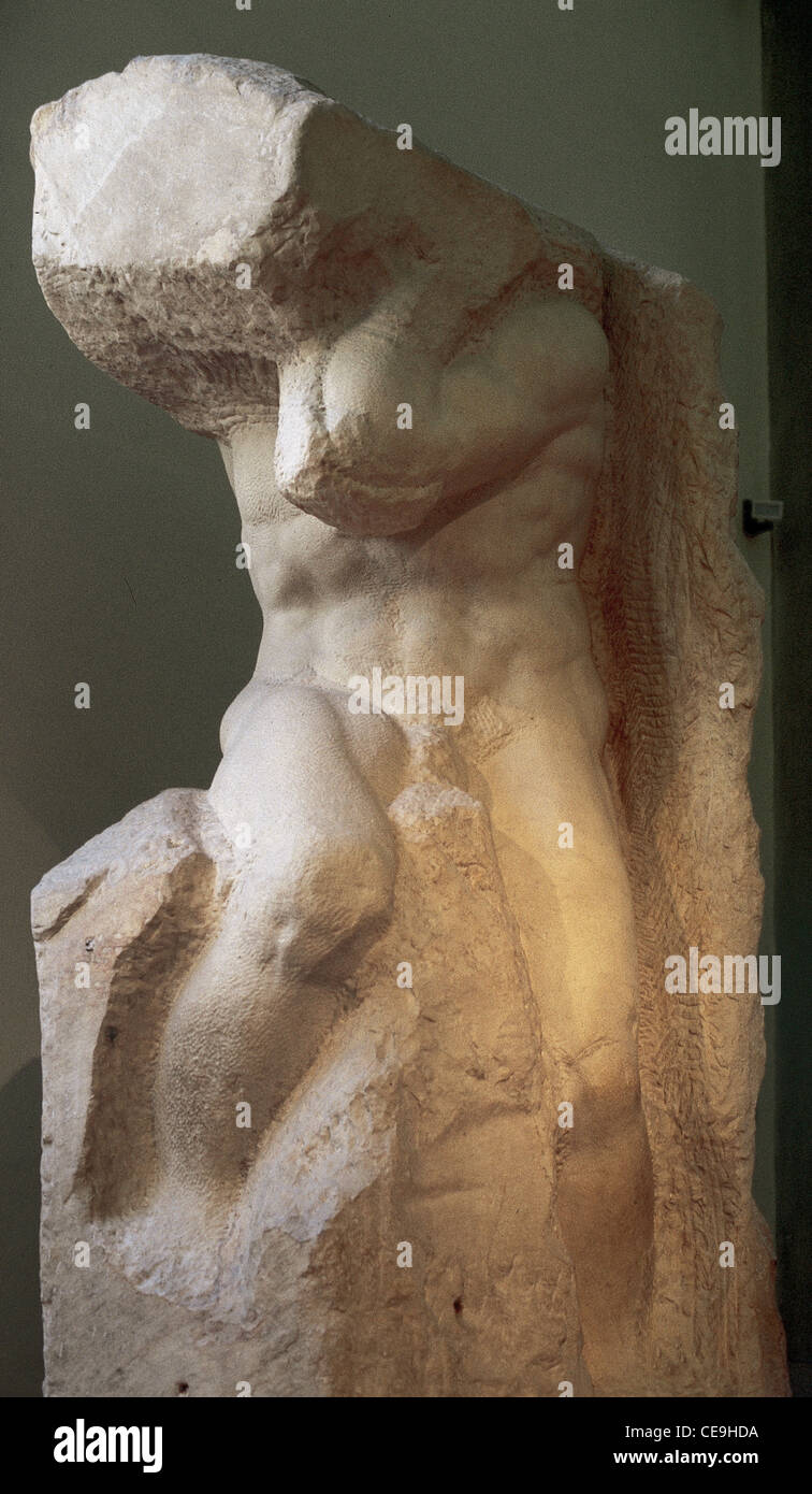 Michelangelo (1475-1564). Maler, Dichter, italienischer Bildhauer und Architekt. Atlas-Slave (1525-1530). Marmor. Stockfoto
