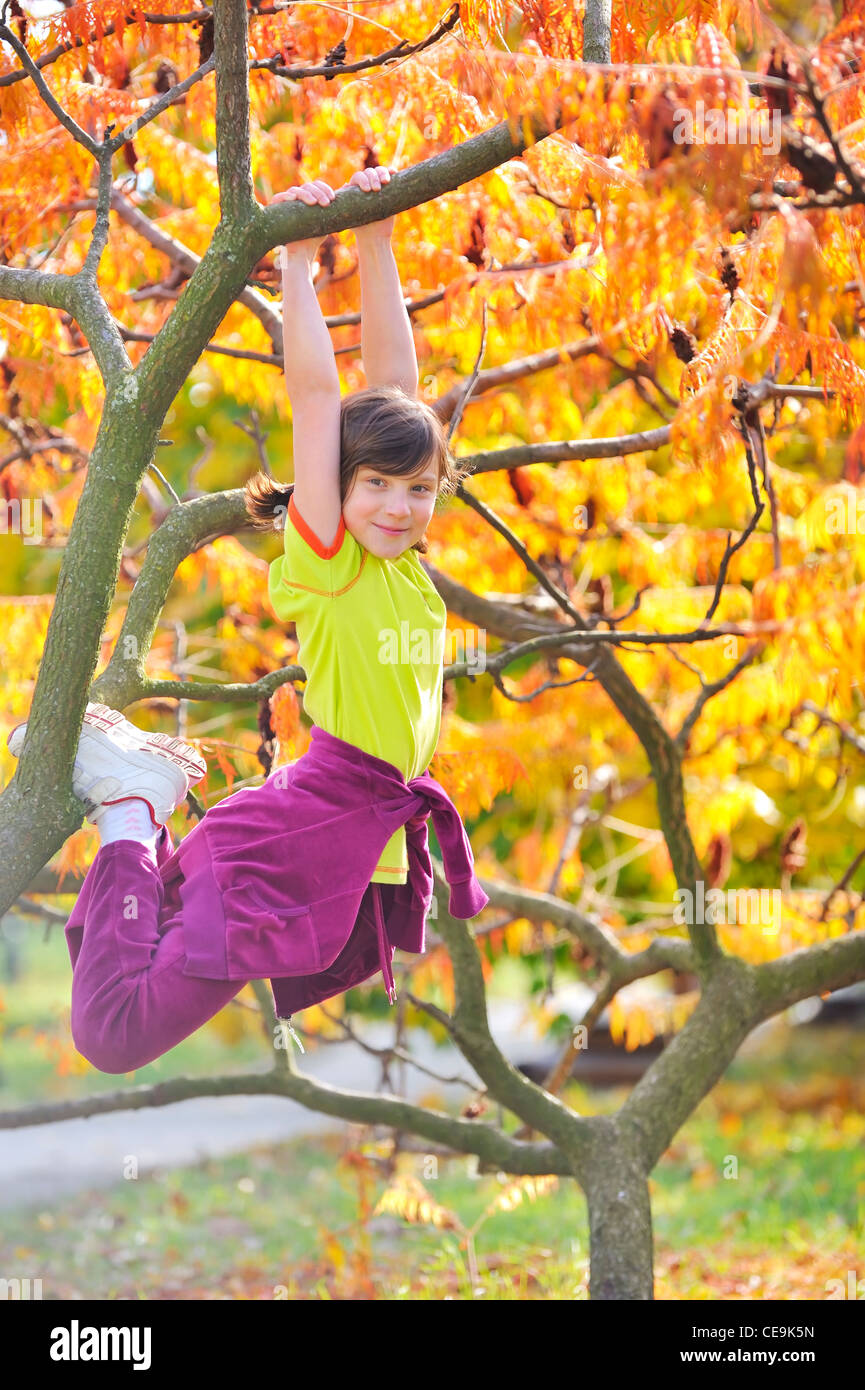 Mädchen kletterte auf Baum Stockfoto