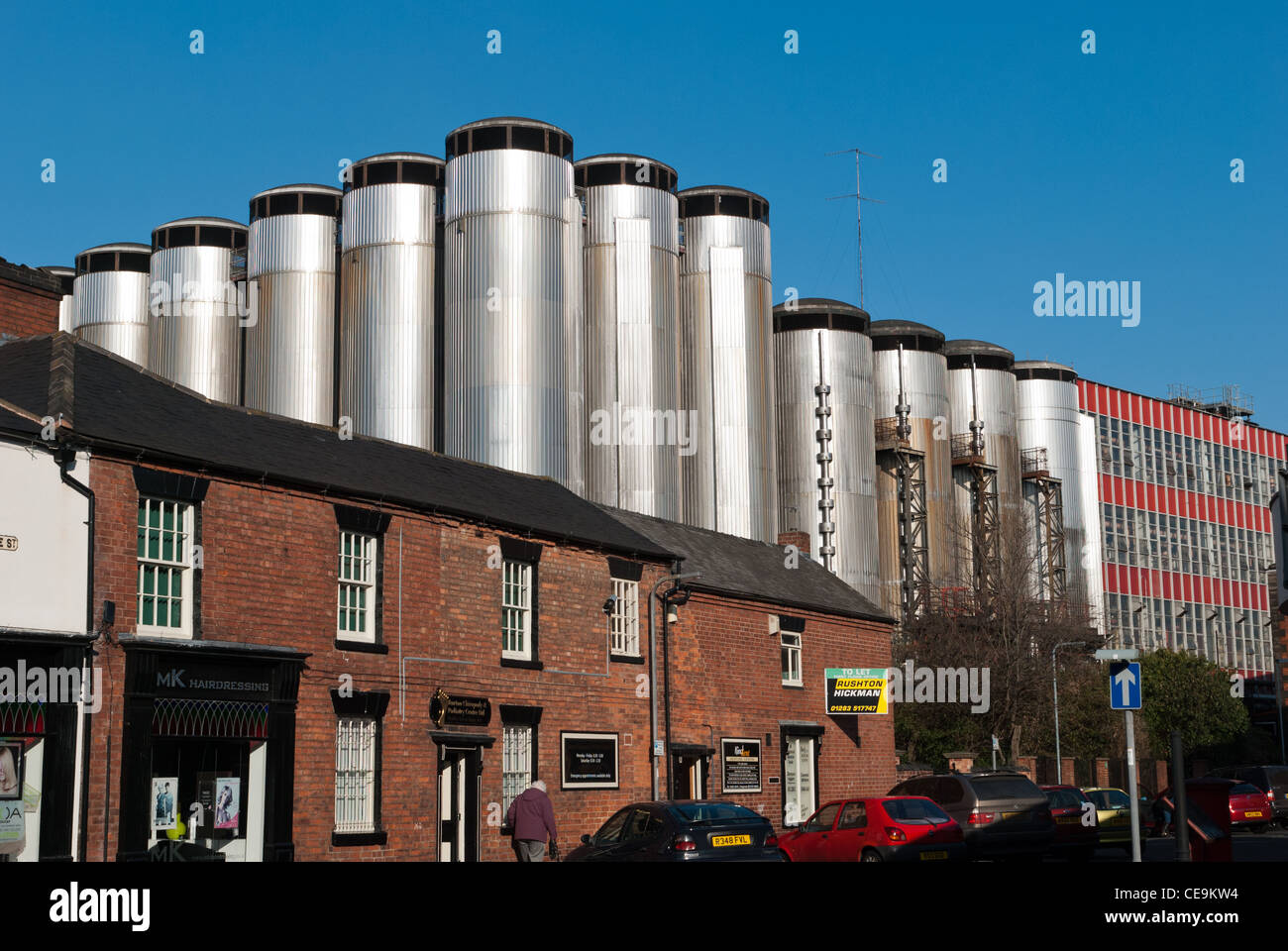 Lagertanks in die Coors Brewery in George Street, Burton on Trent Stockfoto