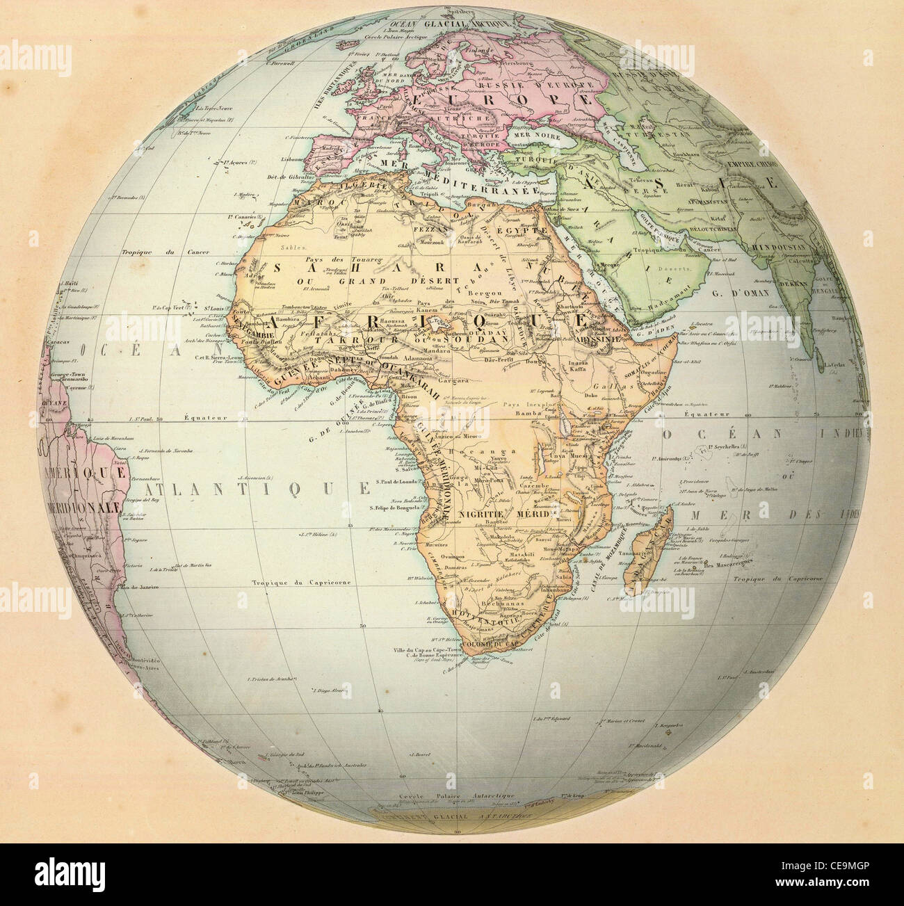 Antike Landkarte von Afrika auf der ganzen Welt. Aus dem Atlas von F. A. Garnier, 1862. Stockfoto