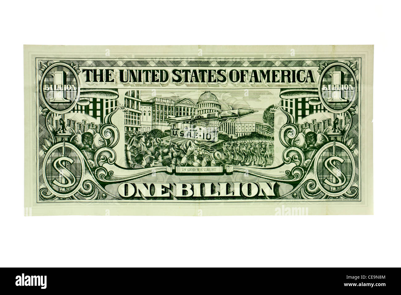 Riesige 1 Milliarde Dollar-Note (mit Alice Cooper LP "Billion Dollar Babies" ausgegeben) Stockfoto