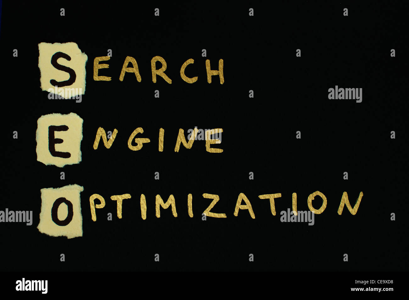 SEO Text Konzeption über schwarz Stockfoto