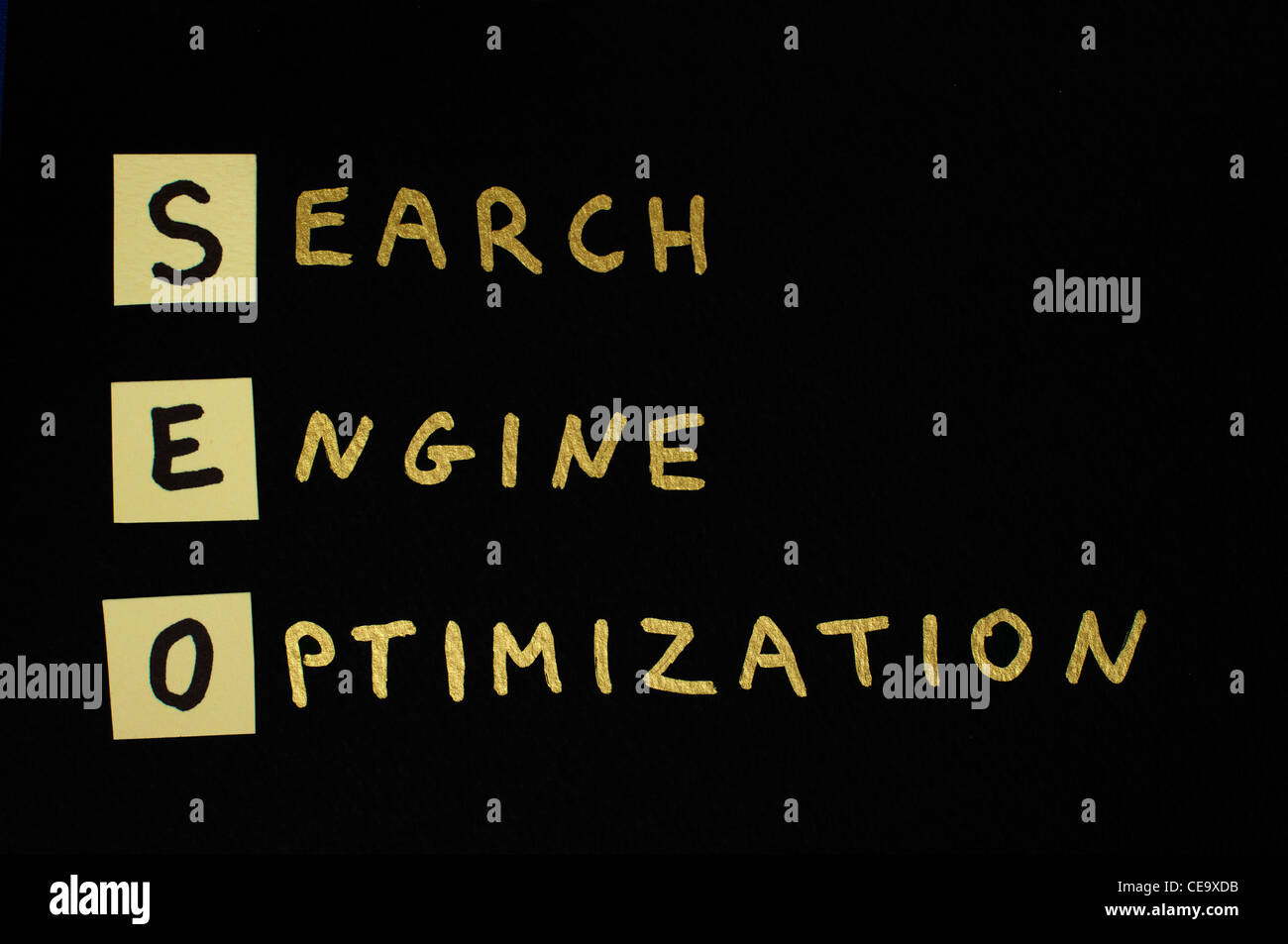 SEO Text Konzeption über schwarz Stockfoto
