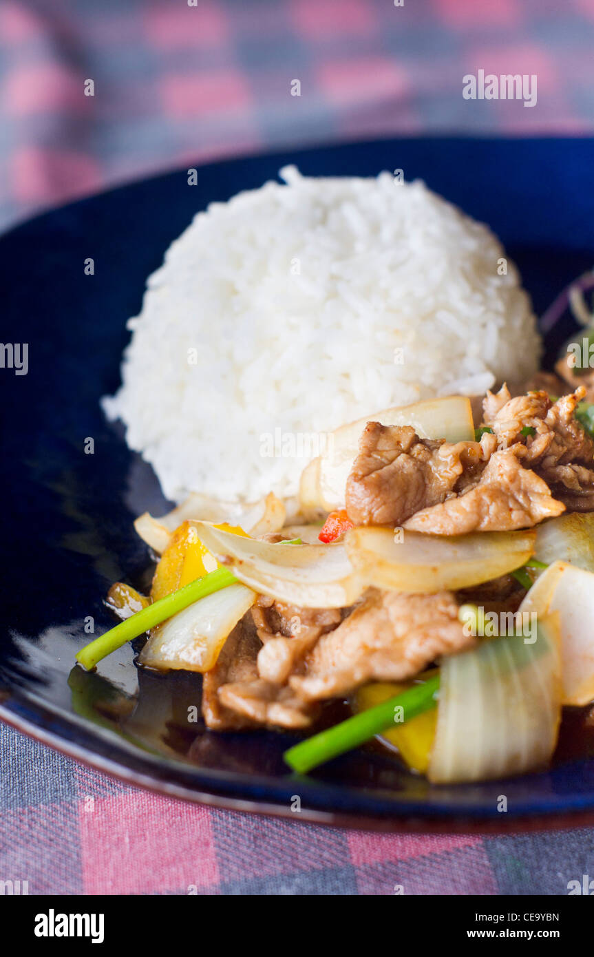 Thai-Food, gebratenes Rindfleisch mit Paprika, Zwiebeln und Reis rühren. Stockfoto