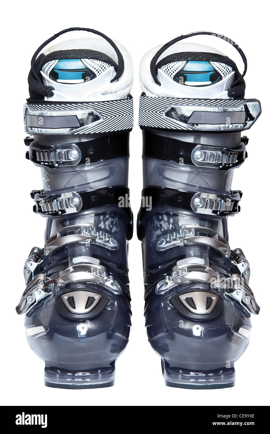 Moderne professionelle Skischuhe auf weißem Hintergrund Stockfoto