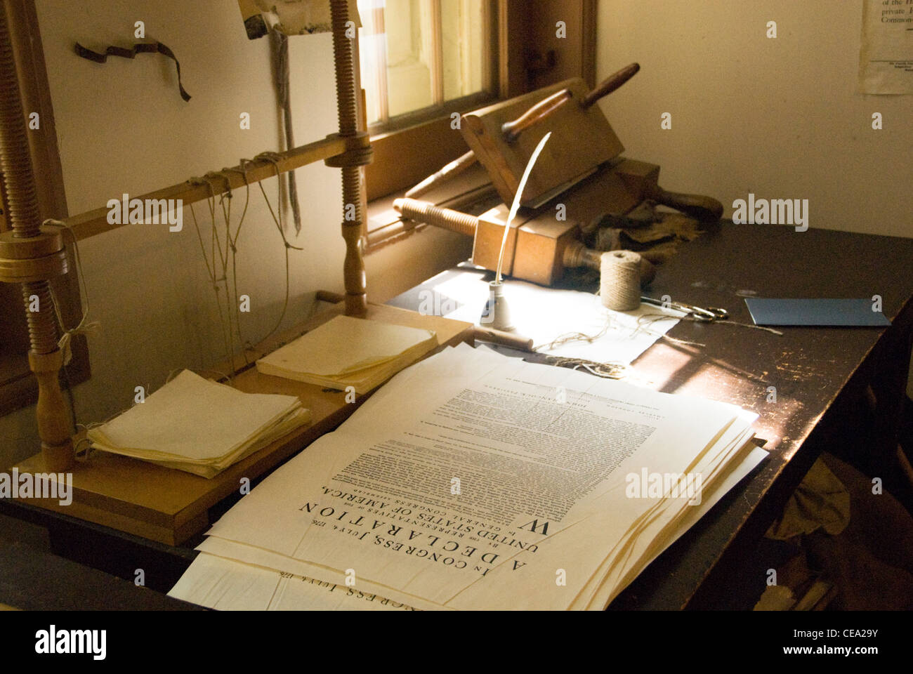 US-Erklärung der Unabhängigkeit, Franklin Court Druckbüro, Philadelphia, USA. Stockfoto