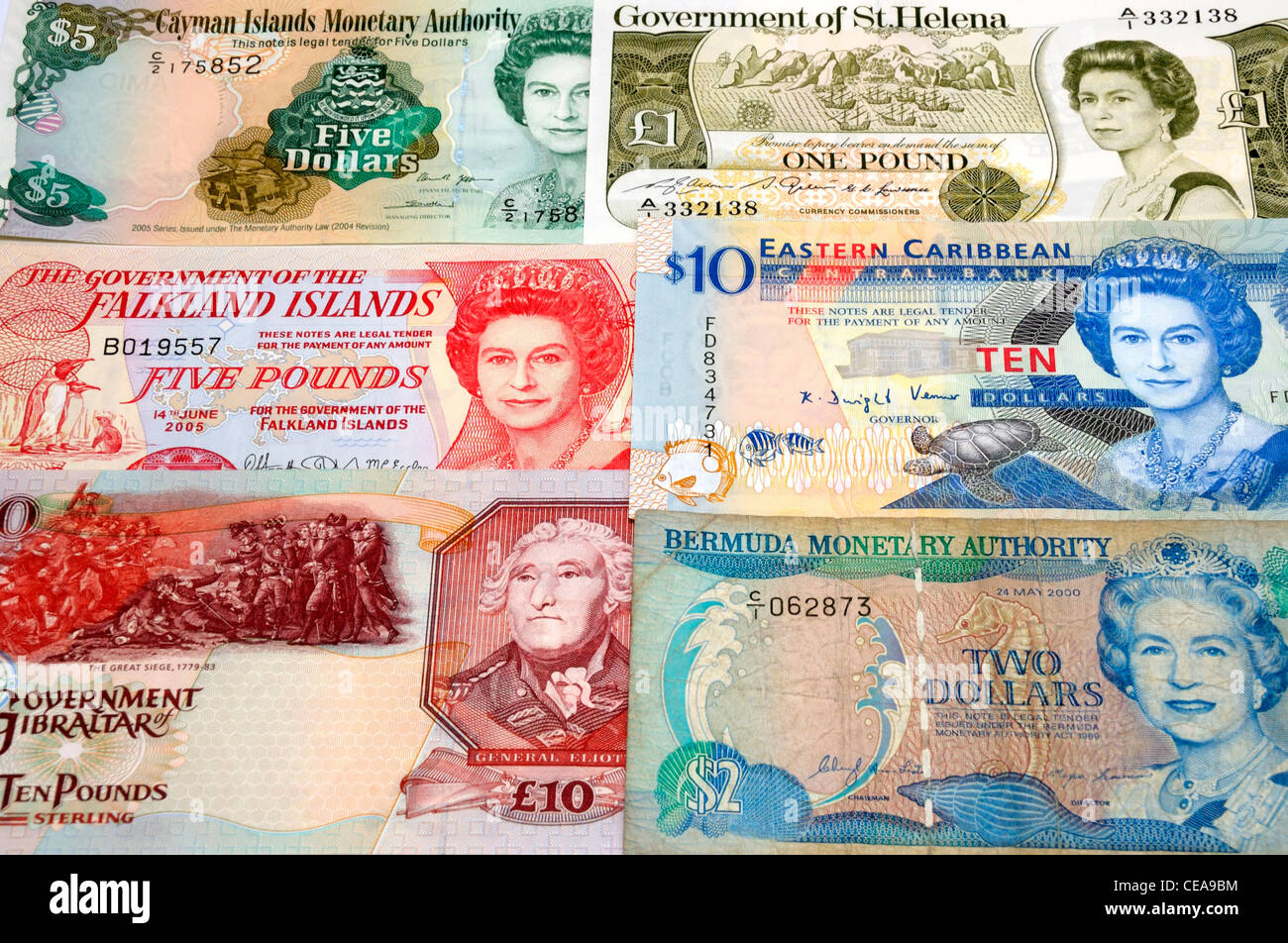 Britische Überseegebiete Banknoten. Stockfoto