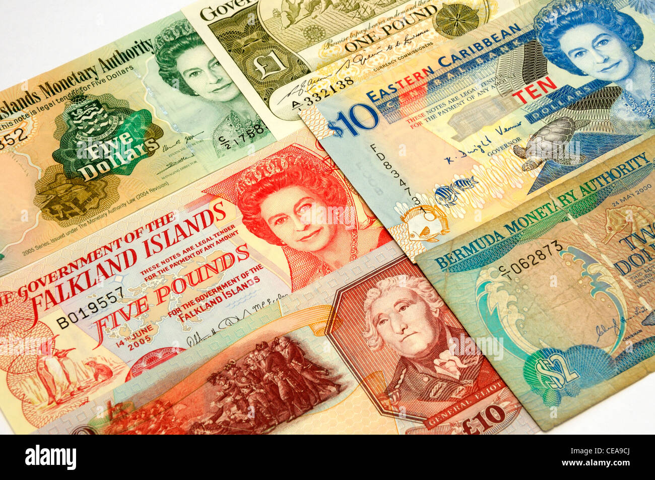 Britische Überseegebiete Banknoten. Stockfoto