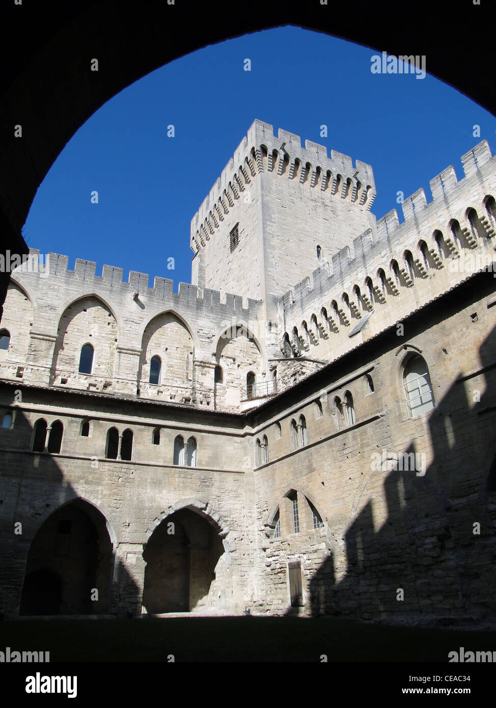 Mauern und Türme des Palastes der Päpste, Avignon, Frankreich Stockfoto