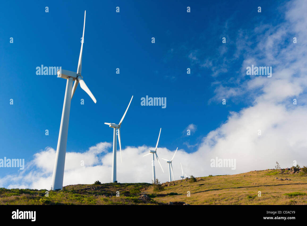 Weiße Windkraftanlage zur Stromerzeugung auf blauen Himmel Stockfoto