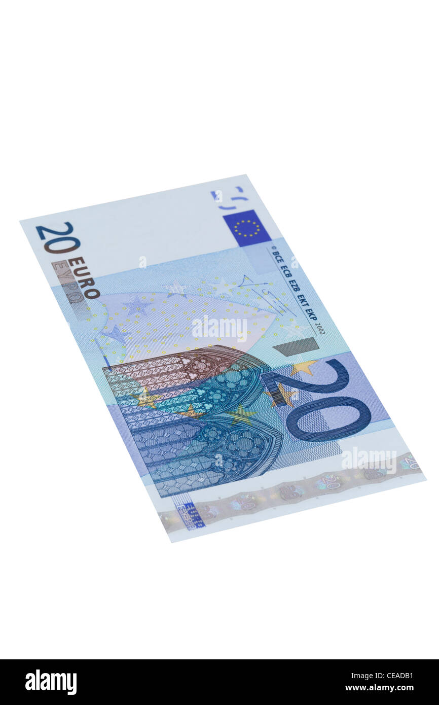 20 Euro-Banknote auf weißem Hintergrund Stockfoto