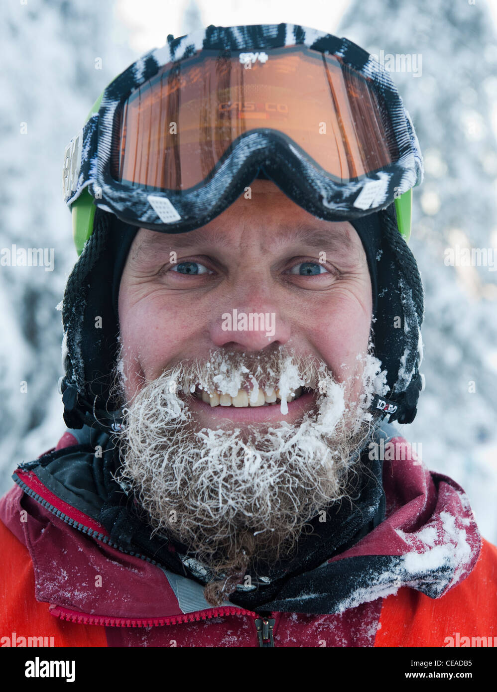Ein Freeskier mit eisigen Bart. Stockfoto