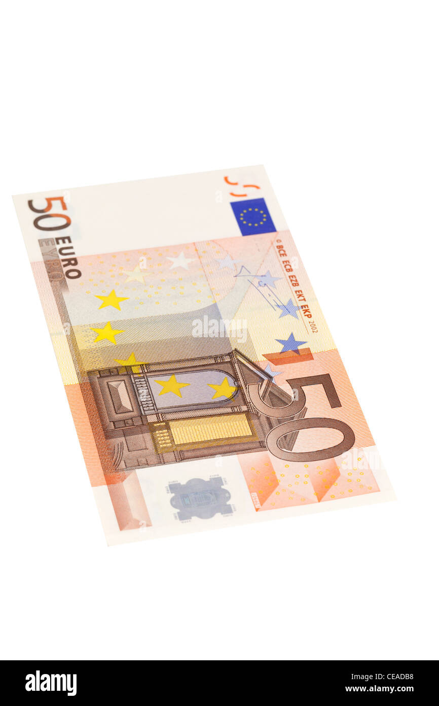 50 Euro-Banknote auf weißem Hintergrund Stockfoto