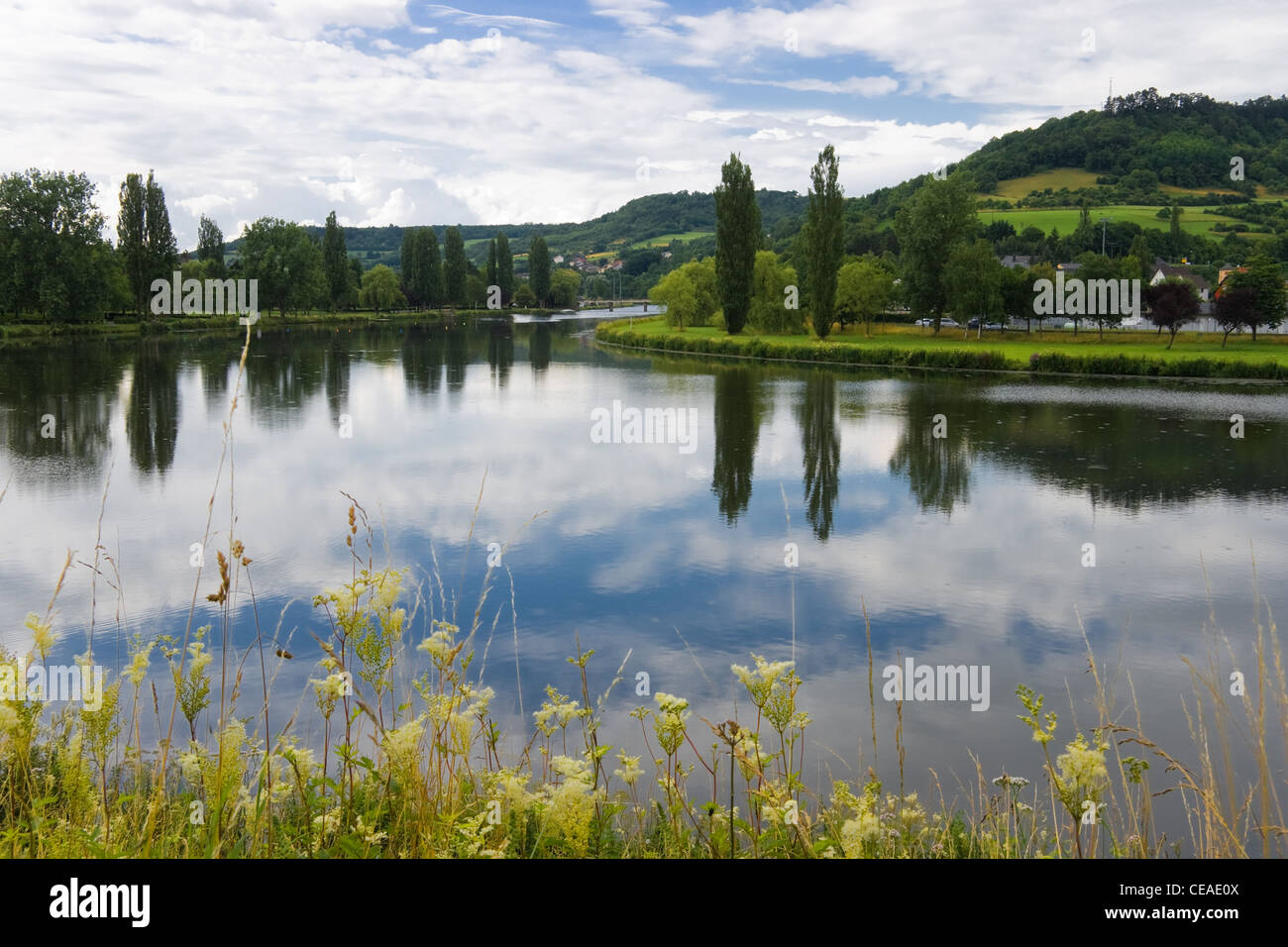 Landschaft in Luxemburg mit Fluss, Hügel, Bäume und Blumen im Sommer Stockfoto