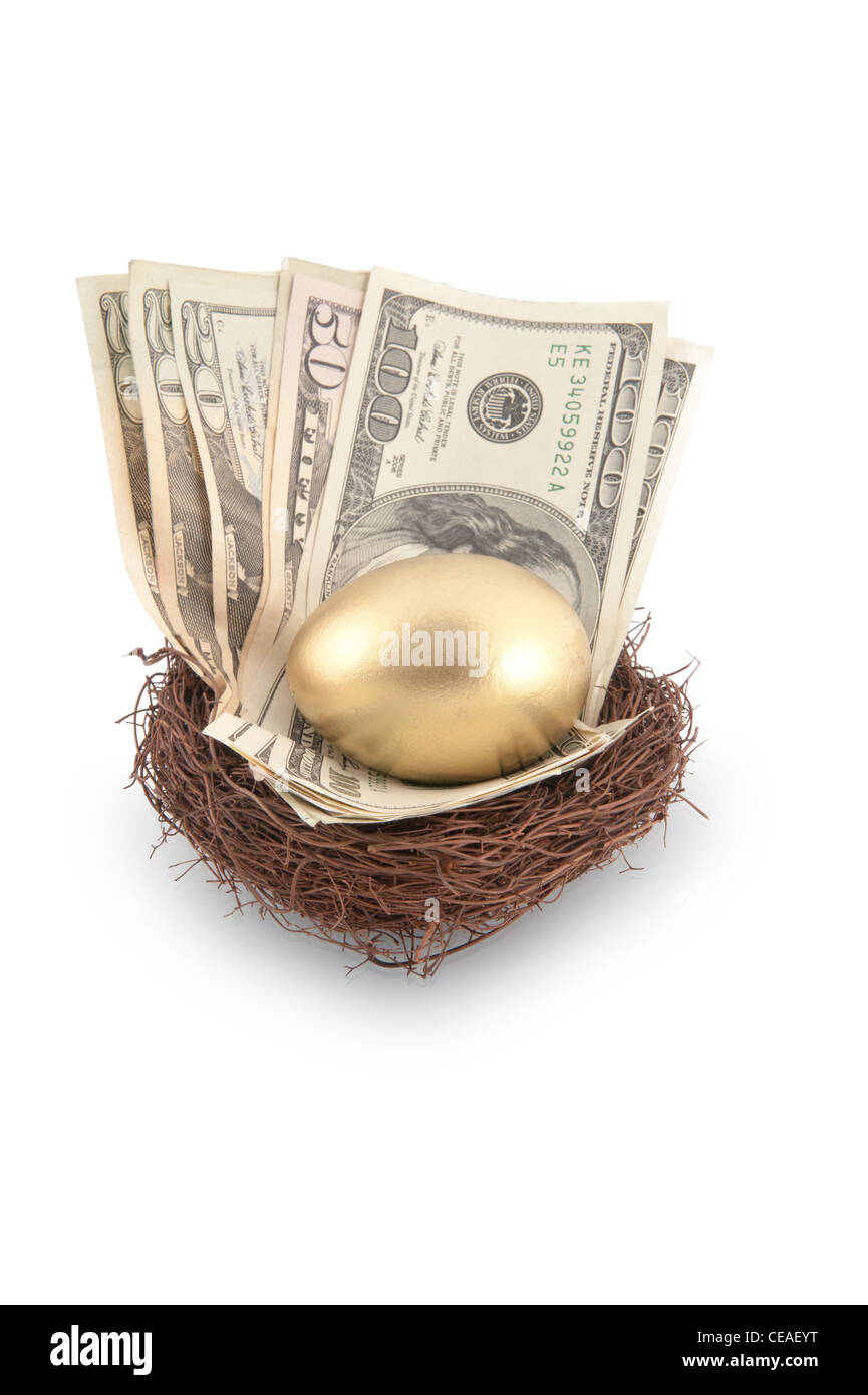 Ein goldenes Ei in ein Nest voller Bargeld einschließlich einer Rechnung $100 und $50 sitzen Stockfoto