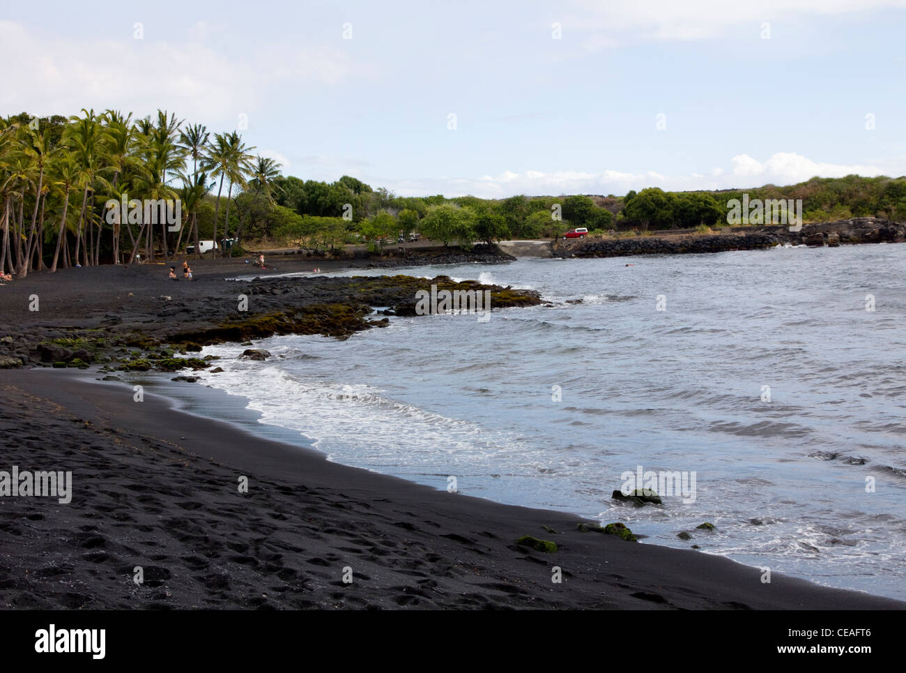 Black Sand Beach, Punalu'u Beach Park, ein geschützter Lebensraum für grüne Meer Schildkröten, Big Island, Hawaii Stockfoto