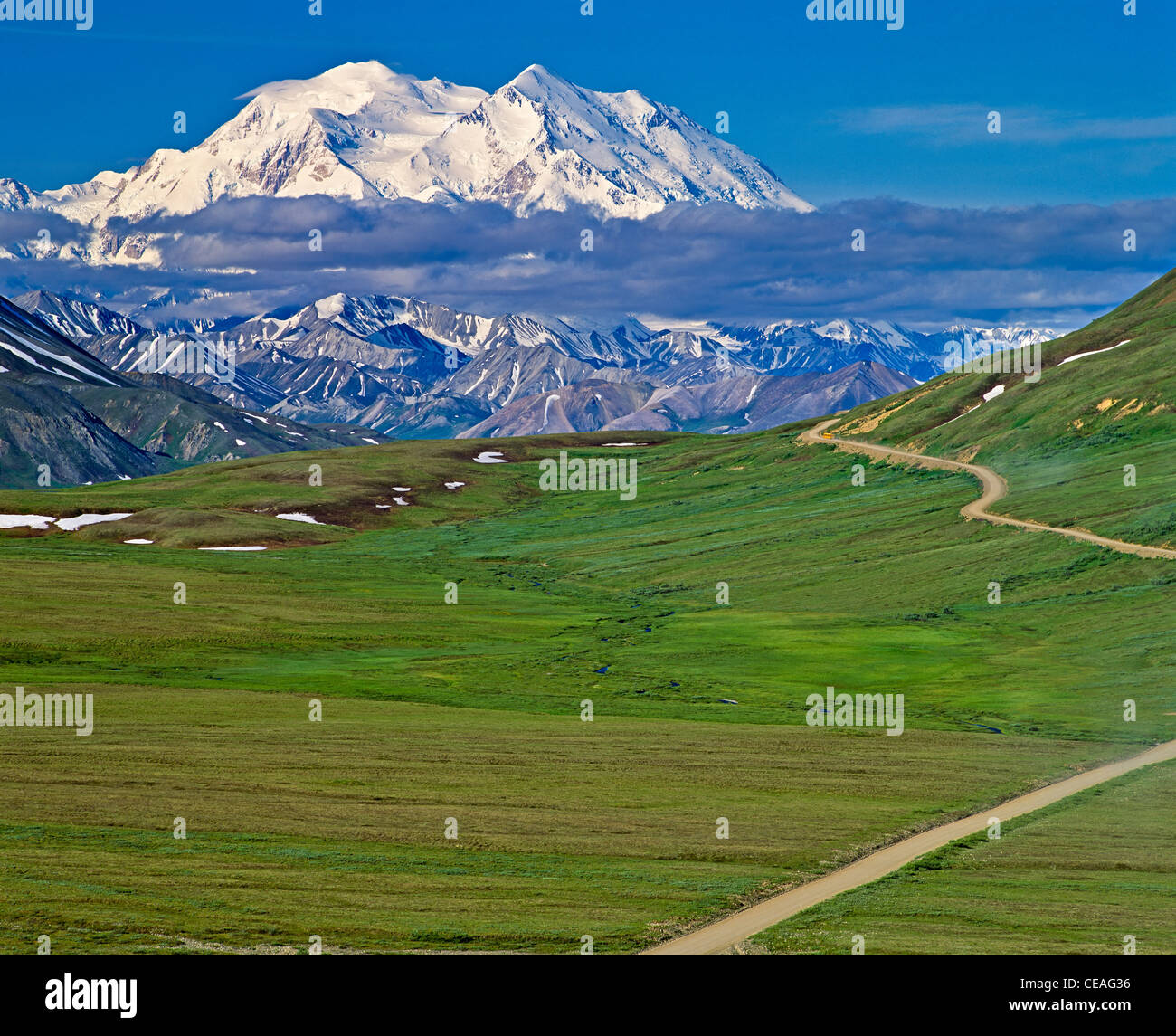 Denali, Mount McKinley und Thorofare Pass gesehen vom steinigen Hügel übersehen im späten Frühjahr, Denali Nationalpark und Reservat, Alaska Stockfoto