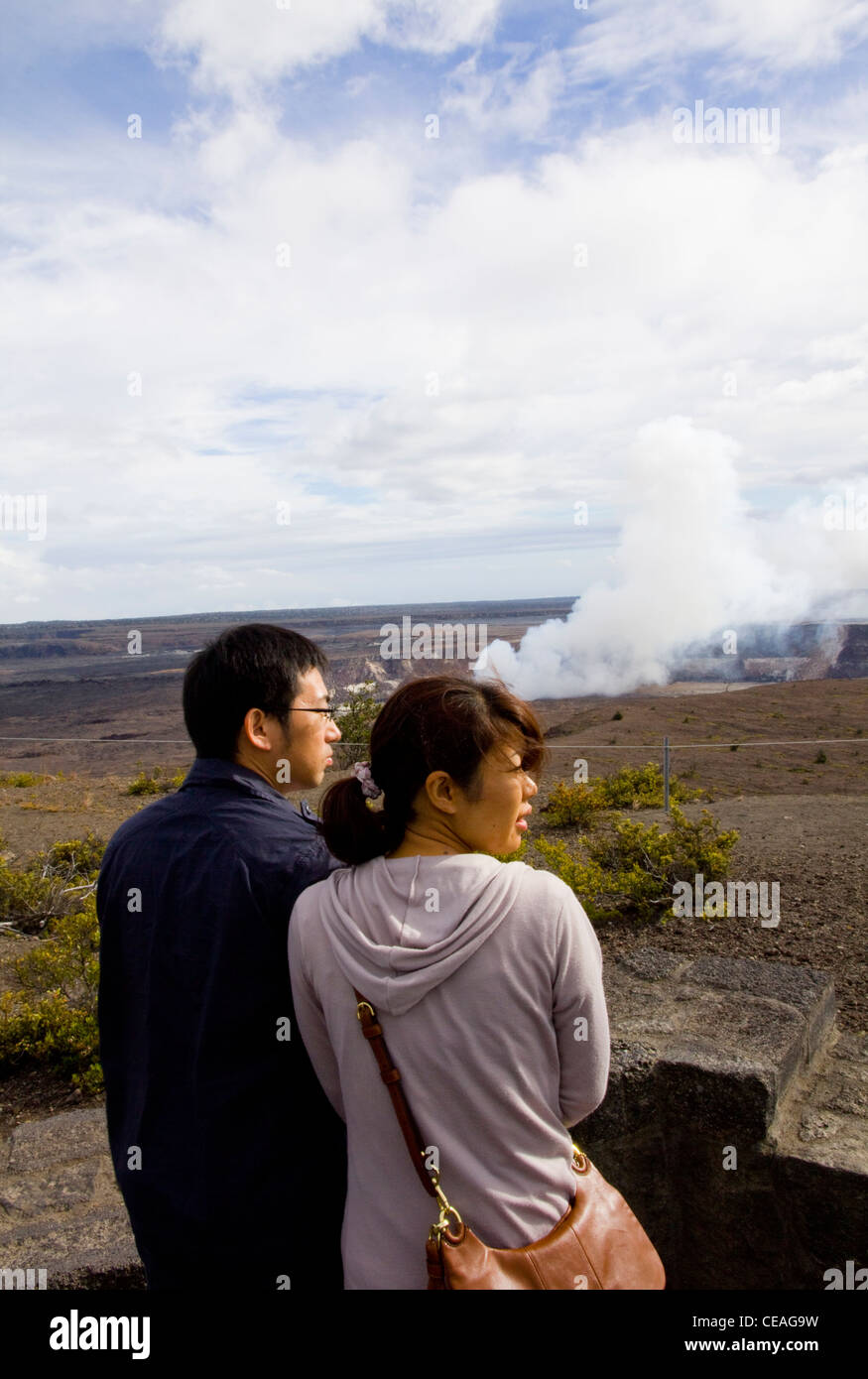 Vulkanische Gase wogenden aus Halema'uma'u Krater, Kilauea übersehen, Kilauea Gipfel Caldera, Big Island, Hawaii Stockfoto