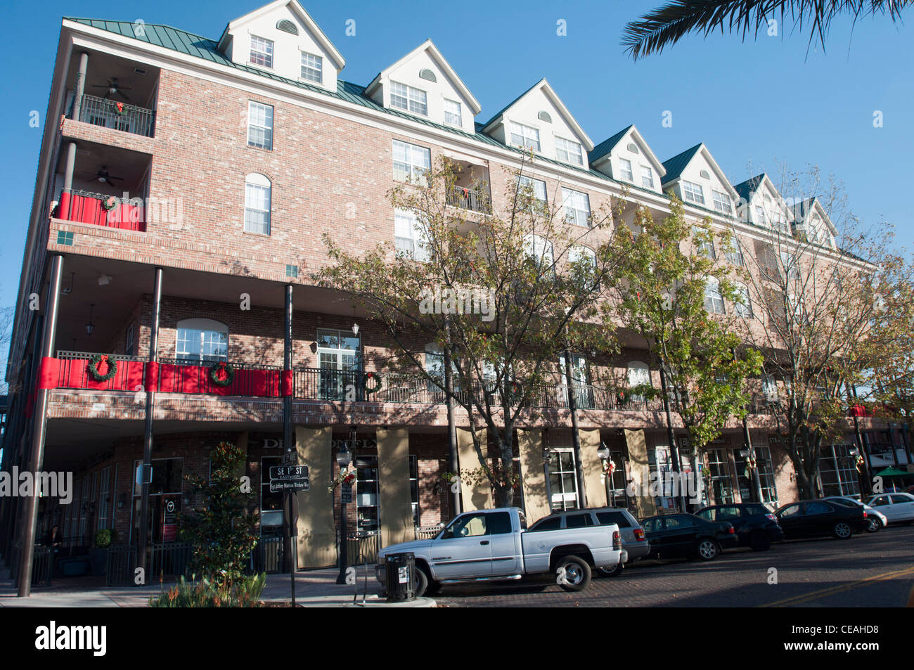 Geschäfte am 201 SE 1st Street, Downtown Gainesville, Florida, Vereinigte Staaten von Amerika Stockfoto