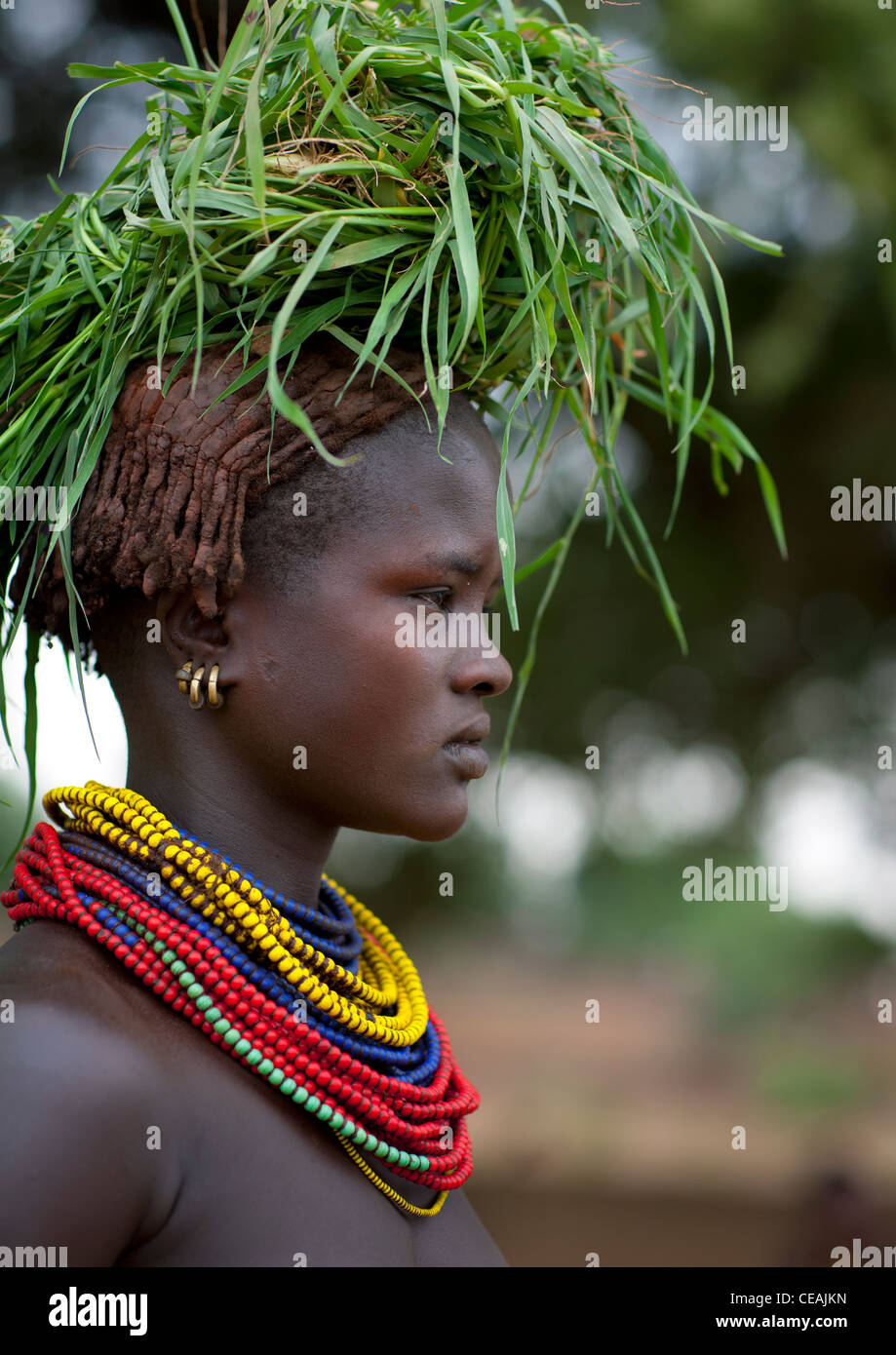 Dassanech junge Frau, die Last von grünem Rasen auf Kopf und Perlen Halsketten-Omo-Tal-Äthiopien Stockfoto