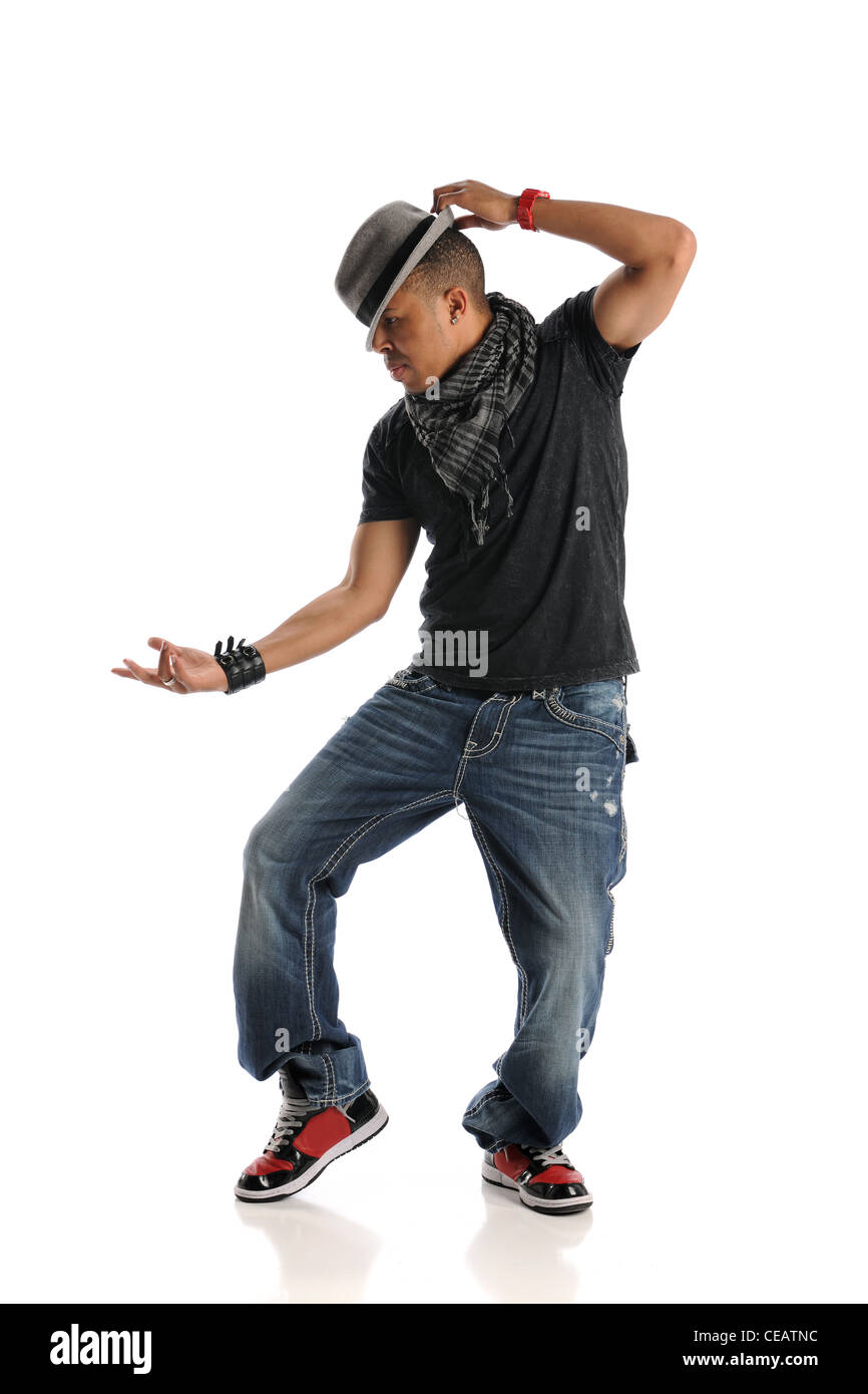 Hip Hop Tänzer Durchführung isoliert auf weißem Hintergrund Stockfoto