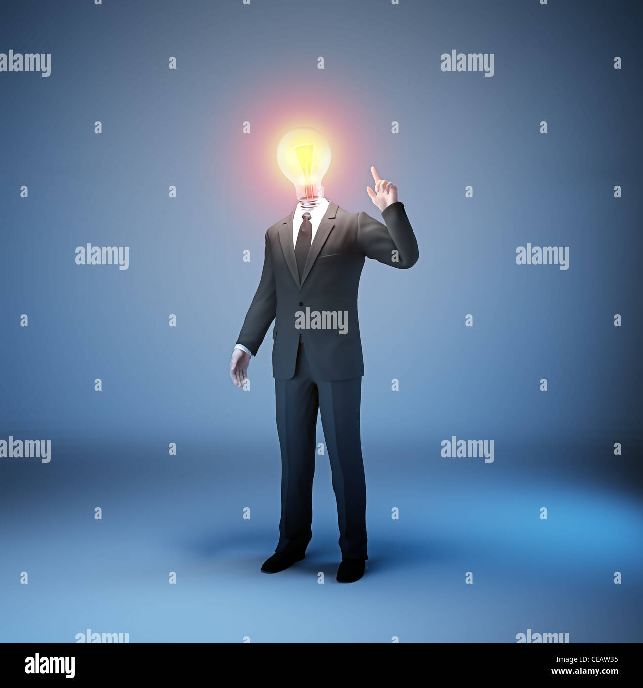 Ein Geschäftsmann im Anzug mit einer Glühbirne Kopf - Innovation in Business-Konzept Stockfoto