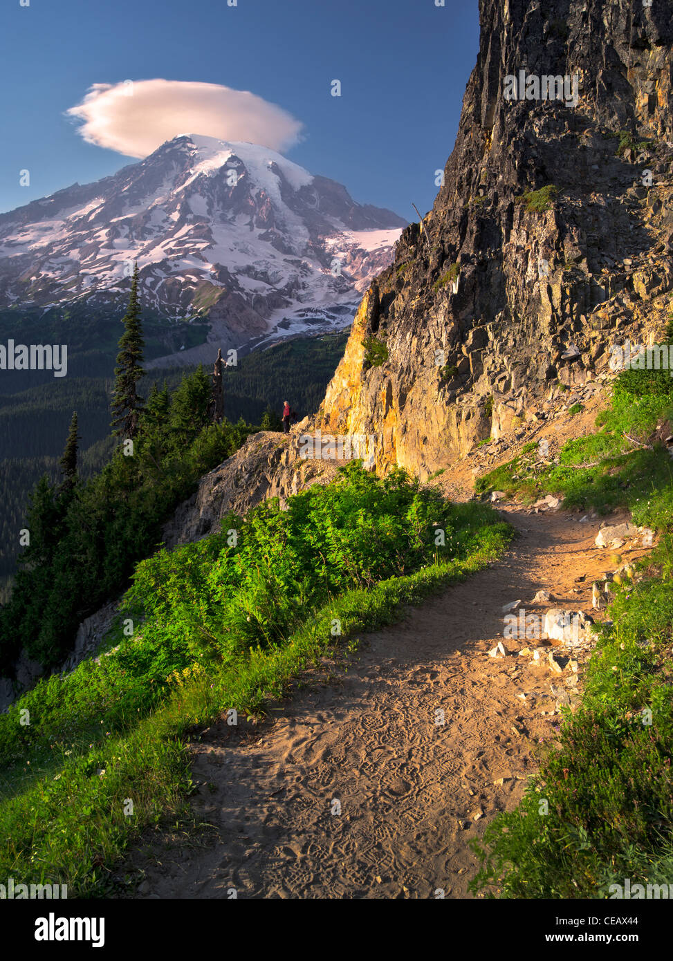 Weg mit Wanderer und Mt. Rainier mit linsenförmige Wolke. Mt. Rainier Nationalpark, Washington Stockfoto