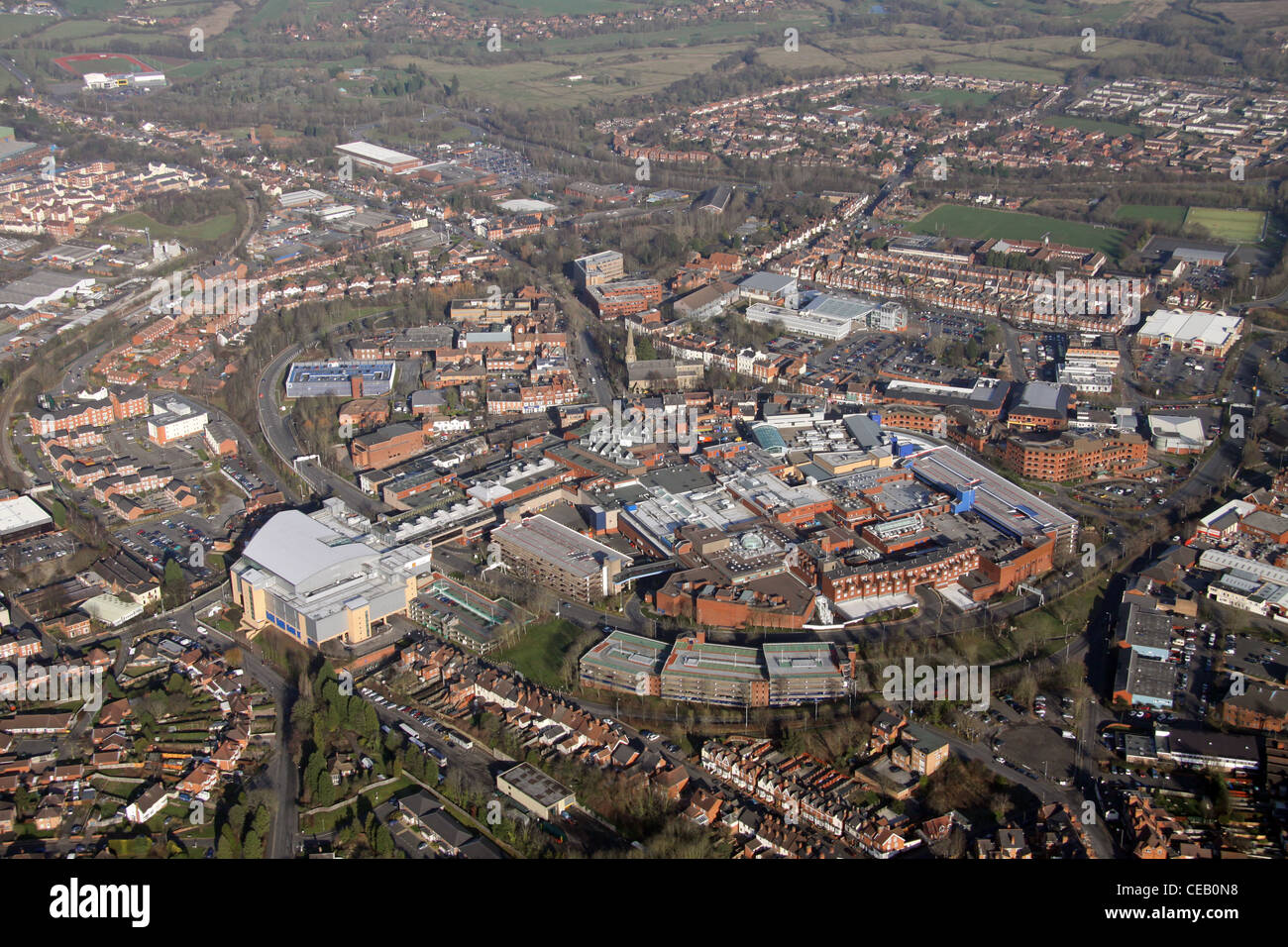 Luftaufnahme des Stadtzentrums von Redditch, West Midlands Stockfoto