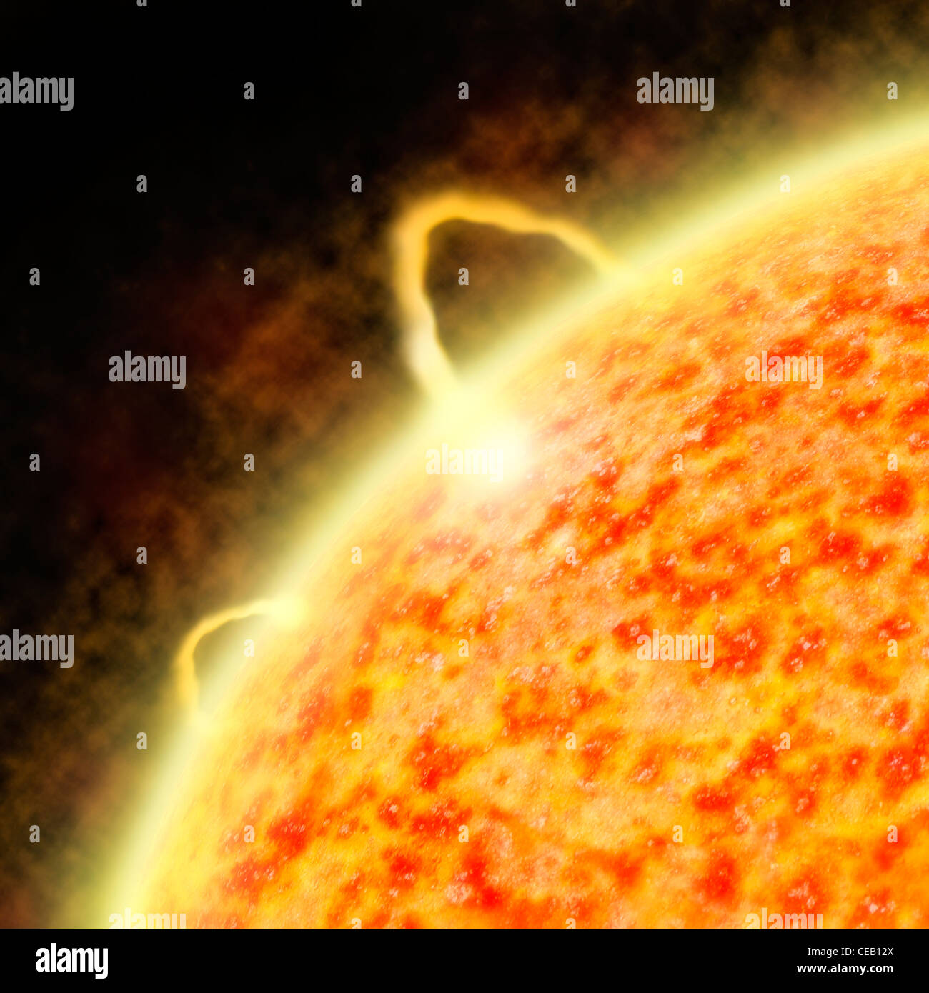 Abbildung eines Sterns Sonnenflecken und Sonneneruption Aktivität Stockfoto