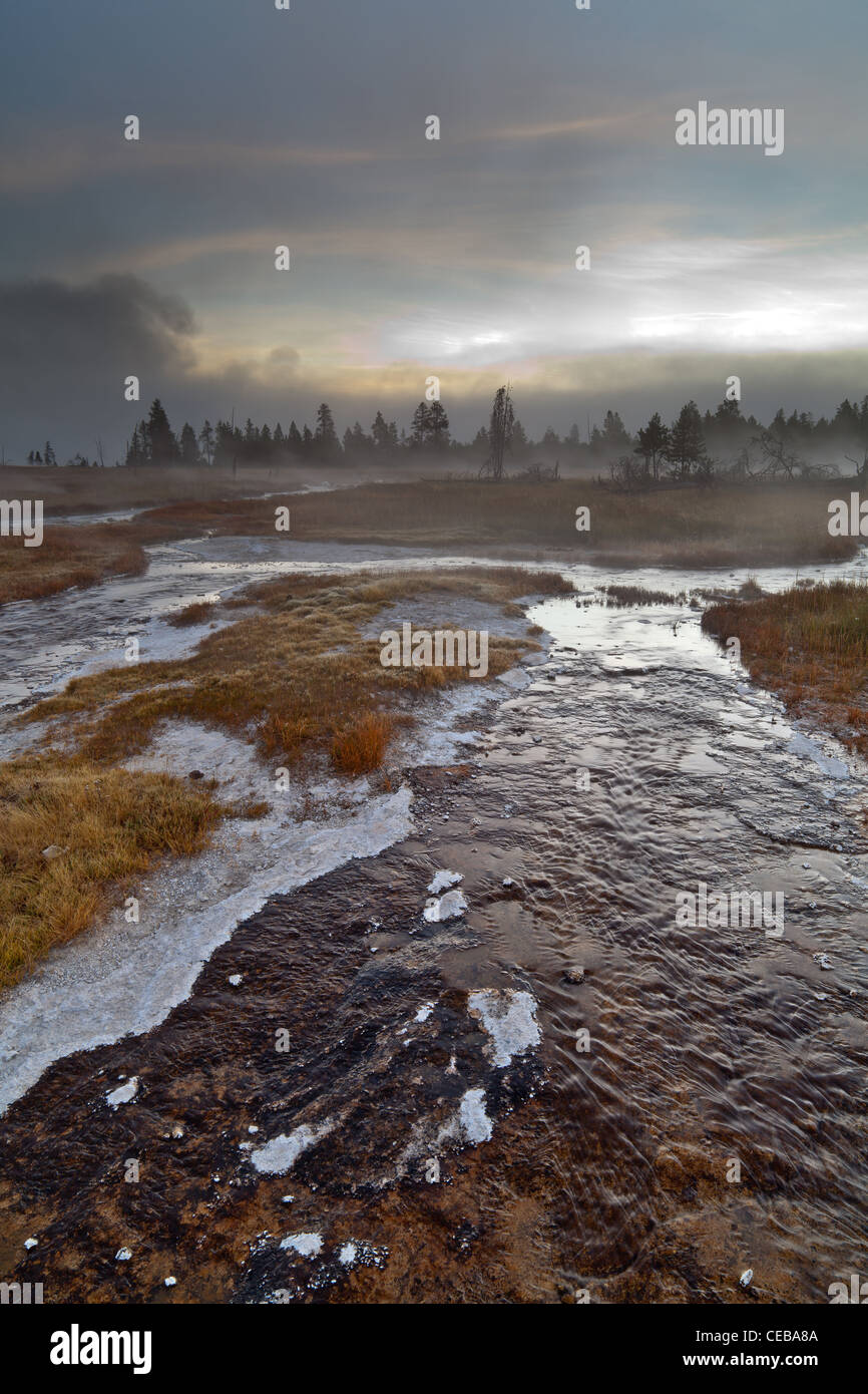 Yellowstone-Nationalpark wurde 1872 gegründet und deckt 3.468 Quadrat-Meilen.  Der größte Supervulkan auf dem Kontinent, Yellowstone Caldera ist innerhalb des Parks und als aktiv.  Im Jahr 1988 brannte eines der viele saisonale Waldbrände mehr als ein Drittel des Parks. Stockfoto