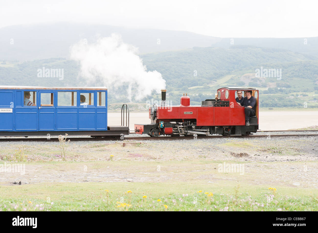 Eine rote Lokomotive auf Fairbourne Steam Railway Stockfoto