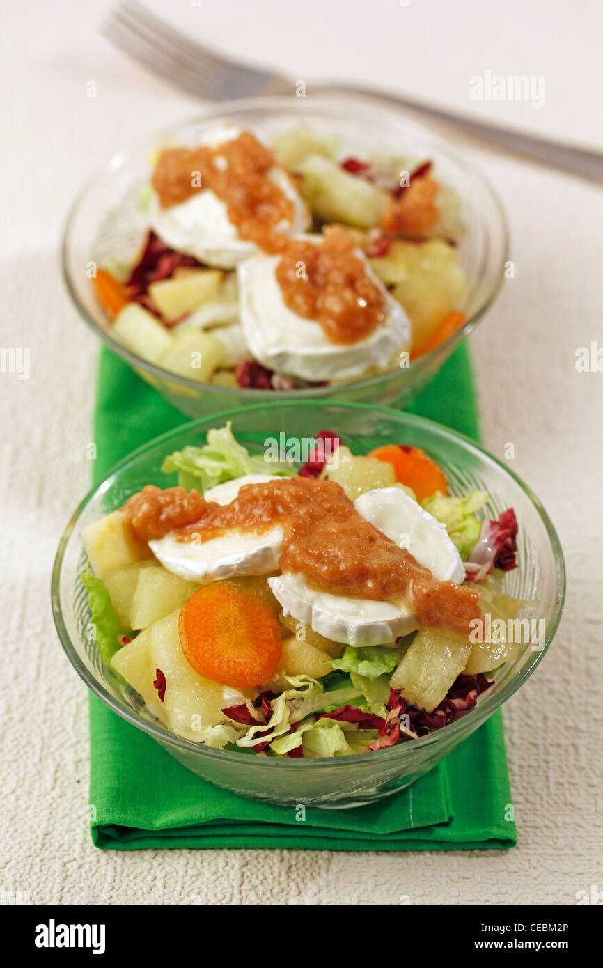 Chicorée und Melonen-Salat mit Käse und Quitte. Rezept zur Verfügung. Stockfoto