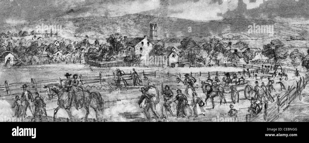 Sharpsburg Bürger verlassen aus Angst vor den Rebellen vor dem Bürgerkrieg Schlacht von Antietam, USA, 1862 Stockfoto