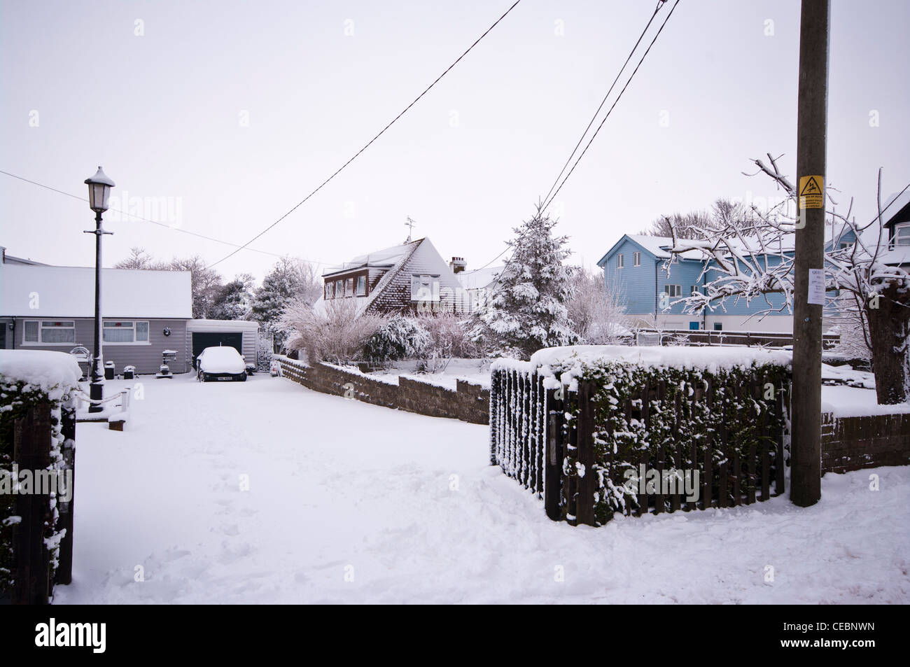 Schneebedeckte Häuser und Gärten nach starkem Schneefall im Winter Winter Tag UK Stockfoto