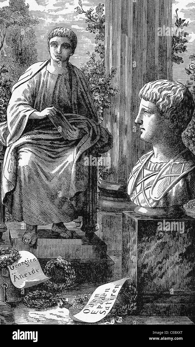 Die Figur auf der linken Seite ist der römischen epischen Dichter Vergil. Die Büste auf der rechten Seite steht der römische Satiriker Horaz. Stockfoto