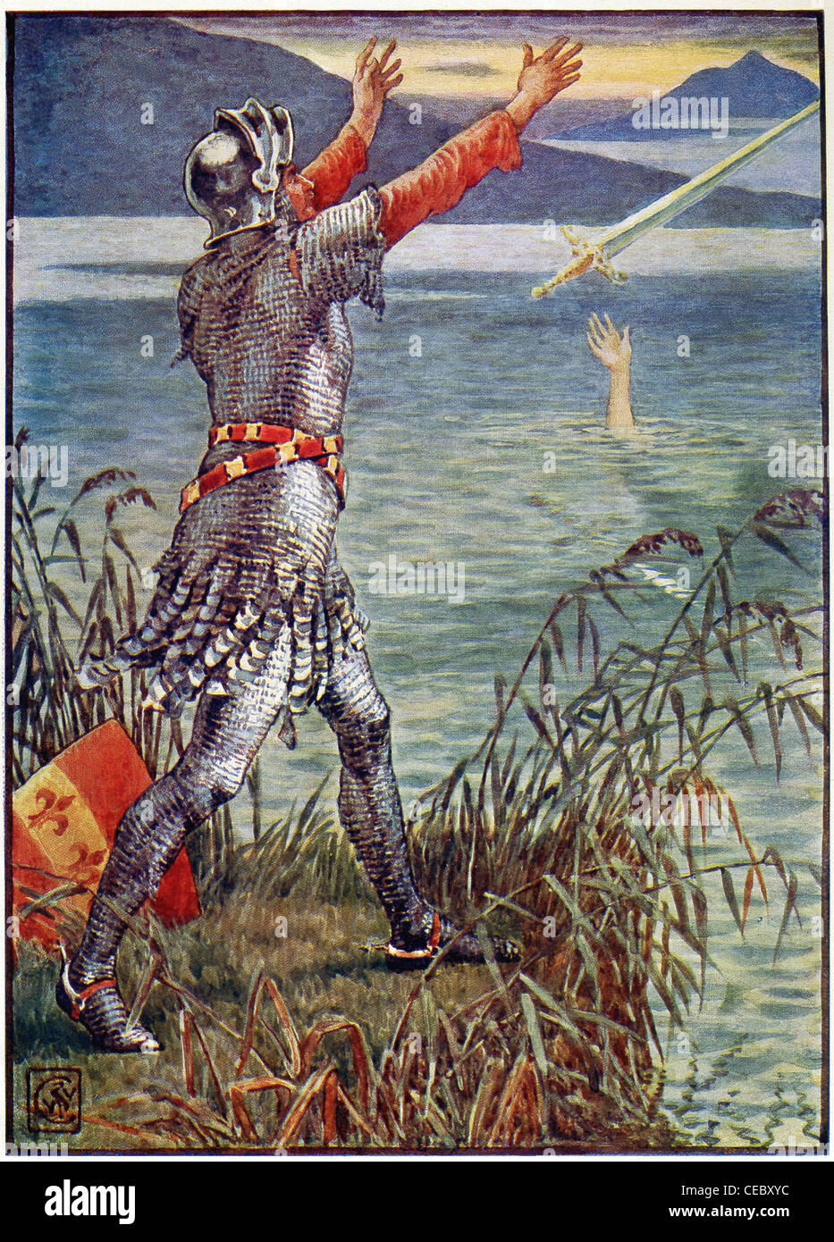Sir Bedivere gibt zurück, das Schwert Excalibur, das King Arthur benutzt hatte, aber jetzt ist er tot, der Dame des Sees. Stockfoto