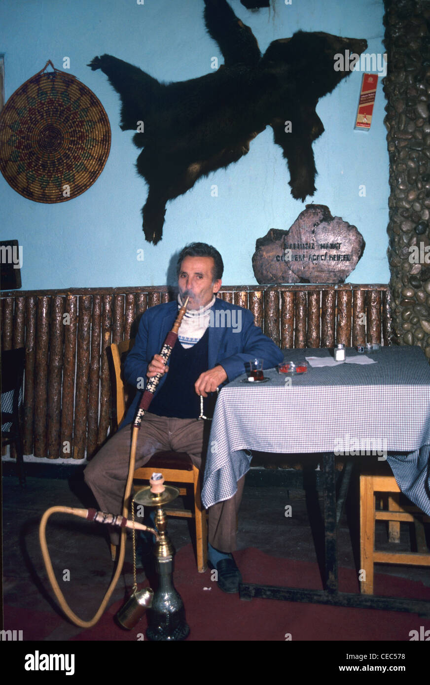 Ein Türke oder türkischer Mann Rauchen einer Shisha oder Wasserpfeife im Café mit Braunbär Haut auf Wand, Kizilcahamam, Provinz Ankara Stockfoto