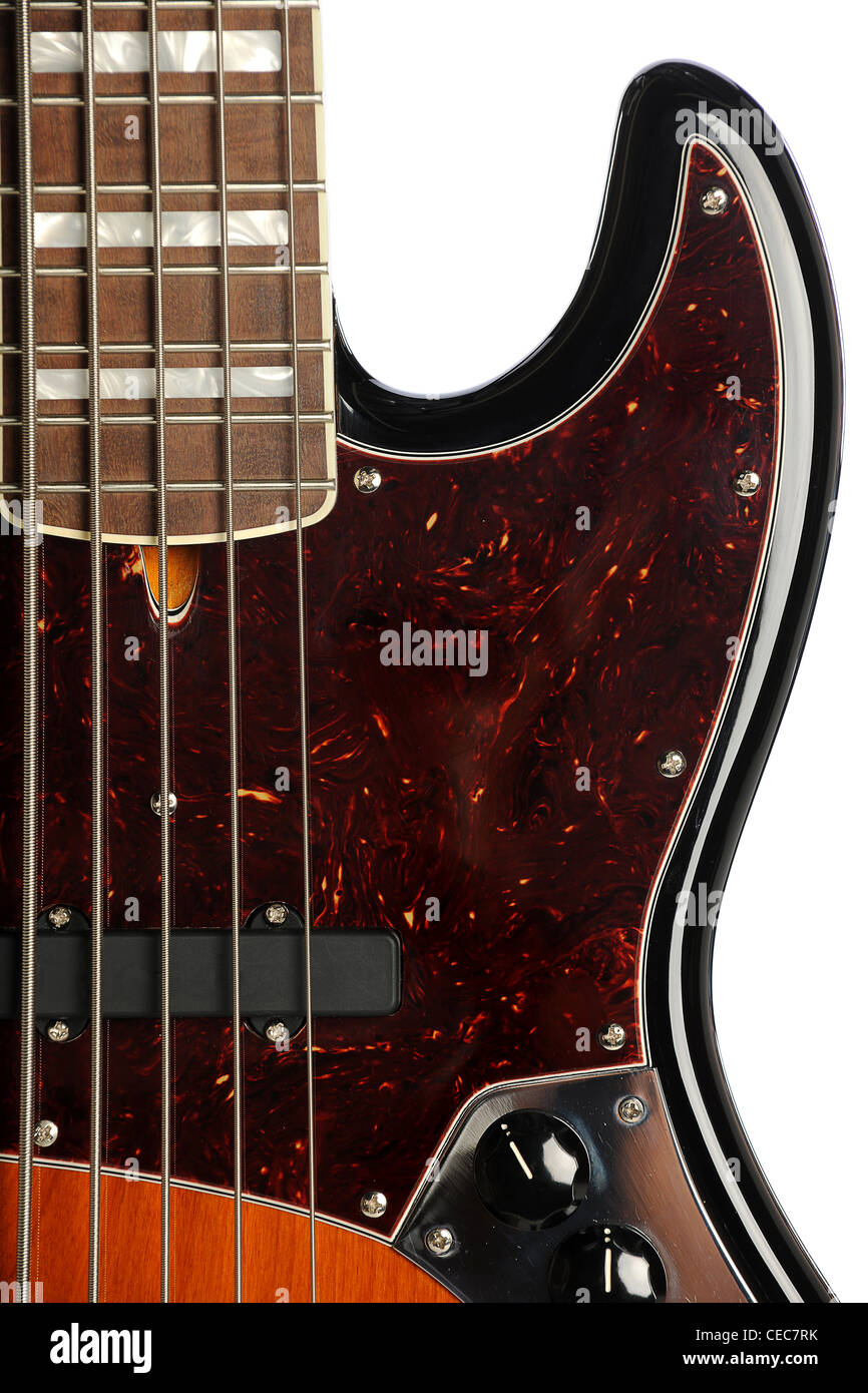 Detail der e-Gitarre, die isoliert auf weißem Hintergrund Stockfoto