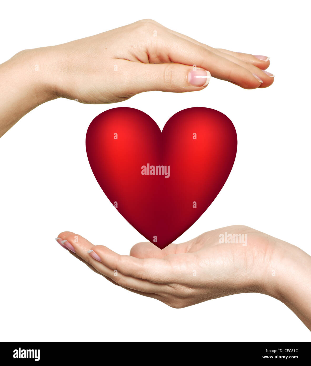 Rotes Herzsymbol in Frauenhand isoliert auf weiss Stockfoto