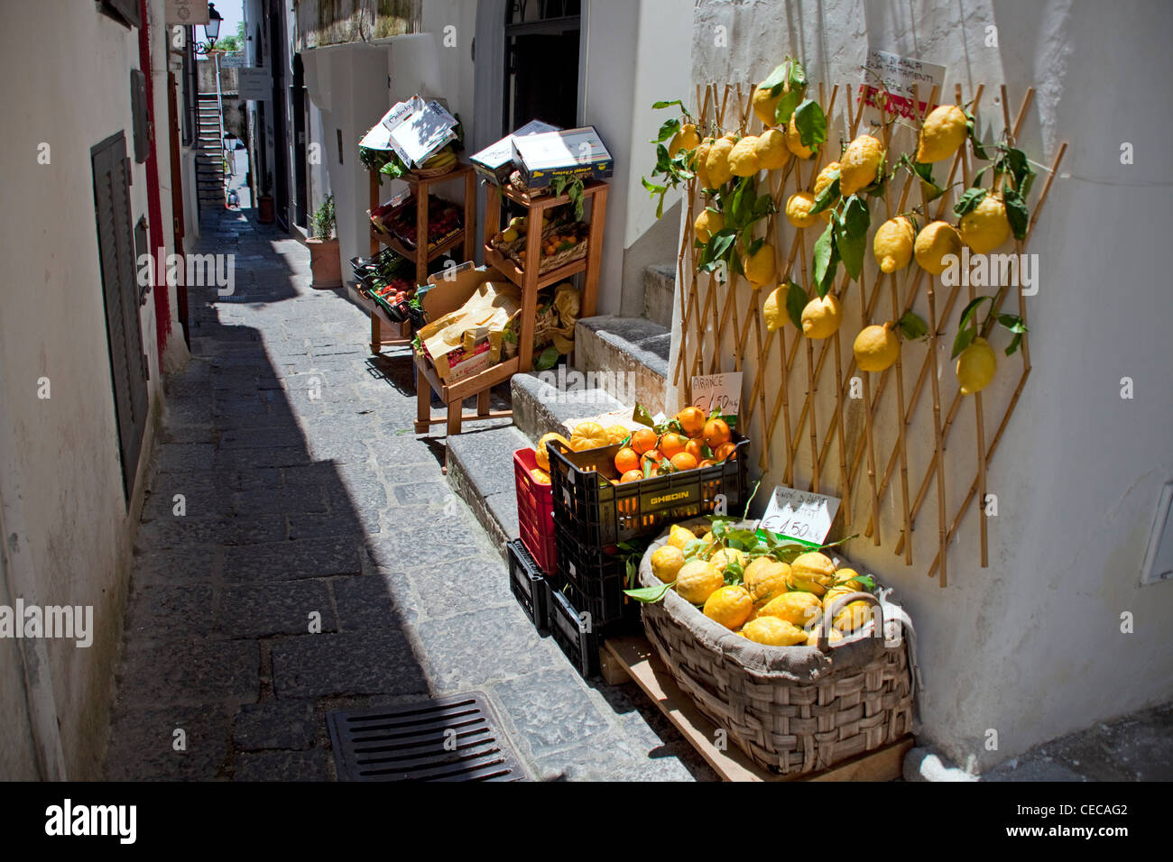 Frische Zitronen auf einem Obst-, Dorf in Amalfi, Amalfi Küste, UNESCO-Weltkulturerbe, Kampanien, Italien, Mittelmeer, Europa Stockfoto