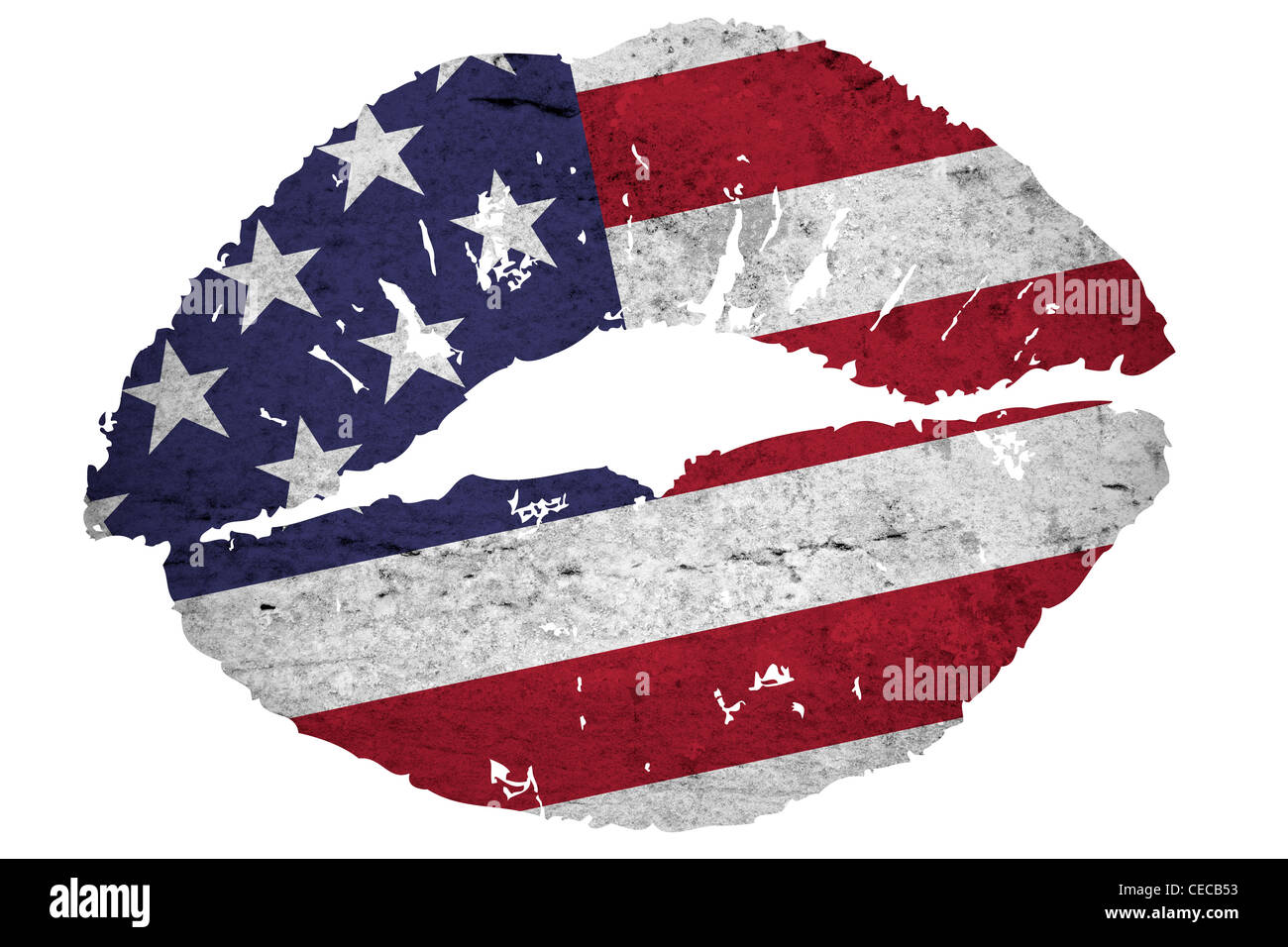 Abbildung eines Kusses Nahaufnahme mit einem Vintage amerikanische Flagge Textur auf einem weißen Hintergrund isoliert Stockfoto