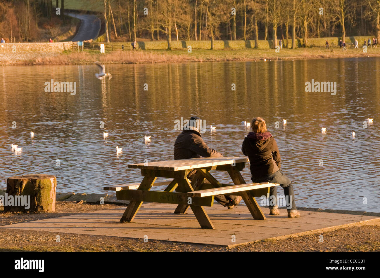 Paar (Mann & Frau) Sitzen entspannen, auf Picknick Tisch Sitzbank mit Blick auf Wasser an einem sonnigen Tag - malerische Swinsty Reservoir, Yorkshire, England, UK. Stockfoto